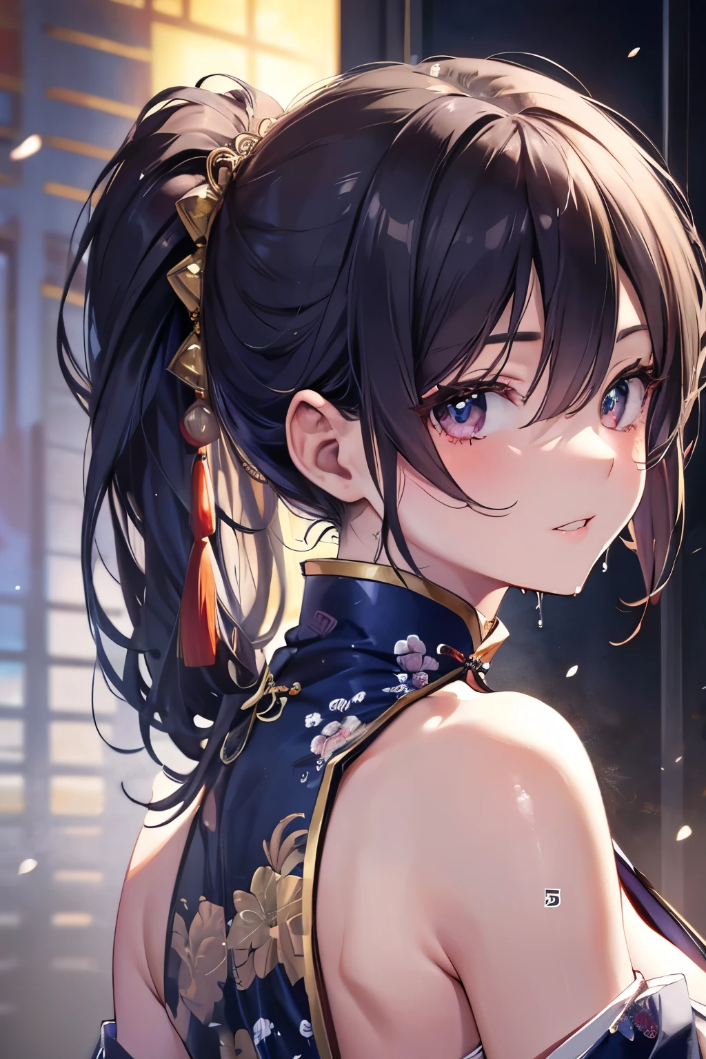 (masterpiece,Highest quality,Ultra-high resolution),Japanese women, (((Very beautiful 25 year old girl))), pretty girl、Look at the photographer、 ((Beautiful low ponytail)), Very cute face, Glossy Lips, Double eyelids on both eyes,Natural smile、 Natural Makeup, Long eyelashes, Shiny and smooth hair、Center image, Perfect limbs, Perfect Anatomy,(((China dress)))、(((Looking Back)),Wet with sweat,