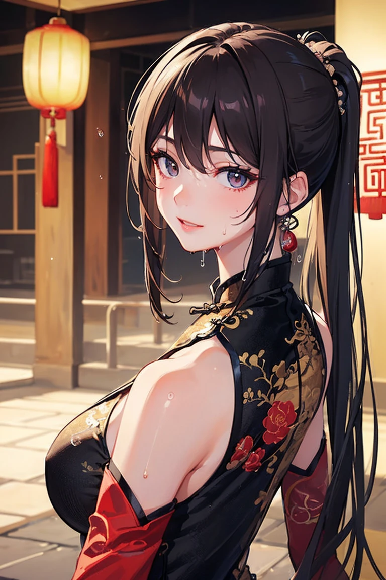 (masterpiece,Highest quality,Ultra-high resolution),Japanese women, (((Very beautiful 25 year old girl))), pretty girl、Look at the photographer、 ((Beautiful low ponytail)), Very cute face, Glossy Lips, Double eyelids on both eyes,Natural smile、 Natural Makeup, Long eyelashes, Shiny and smooth hair、Center image, Perfect limbs, Perfect Anatomy,(((China dress)))、(((Looking Back)),Wet with sweat,