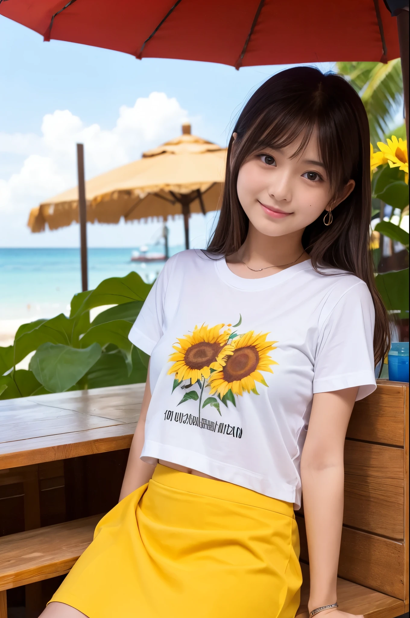 20 years old girl (Japanese cute face) is wearing T-shirt, mini skirt and has sunflower at the beach bar
