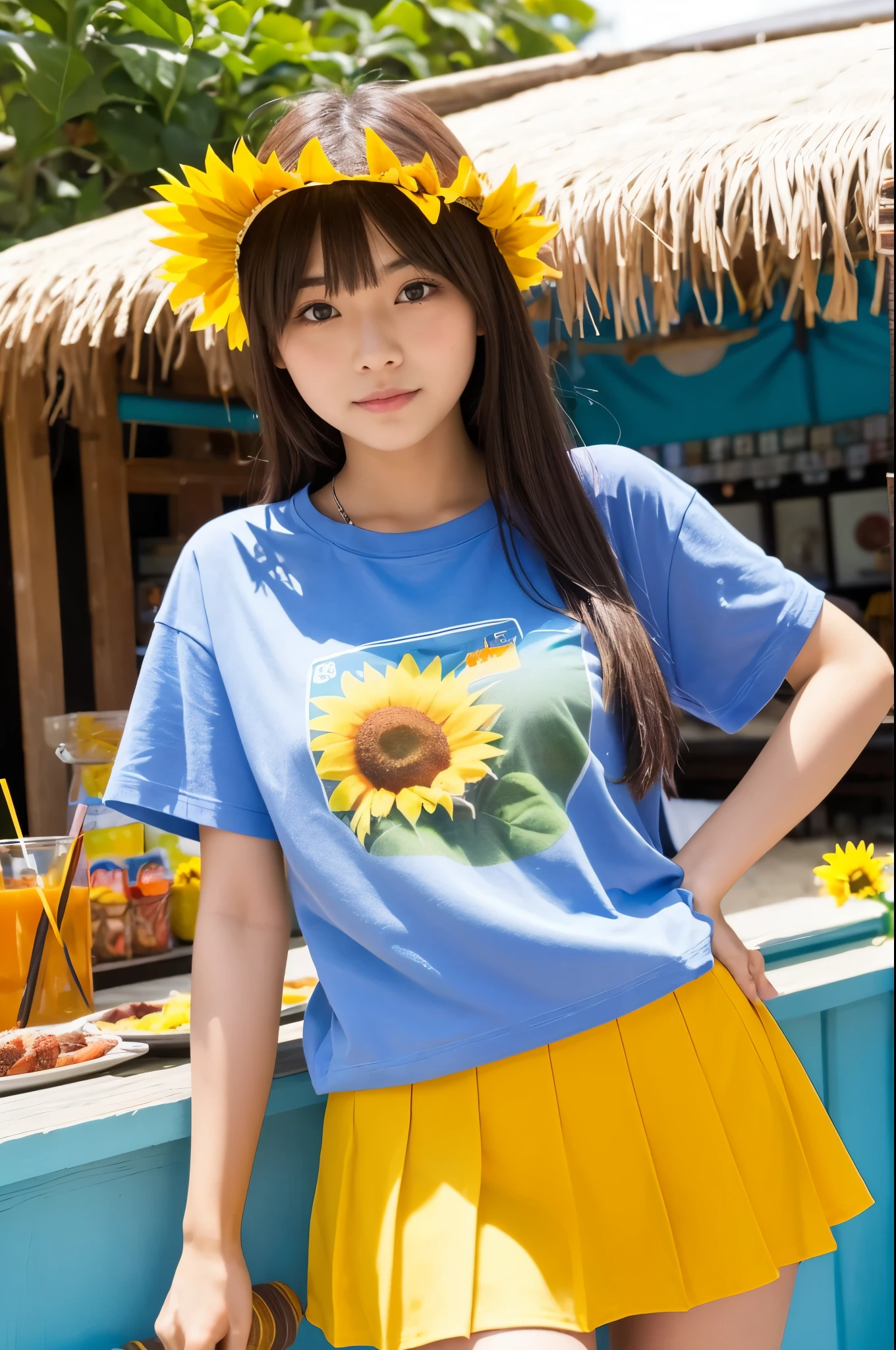 20 years old girl (Japanese cute face) is wearing T-shirt, mini skirt and has sunflower at the beach bar