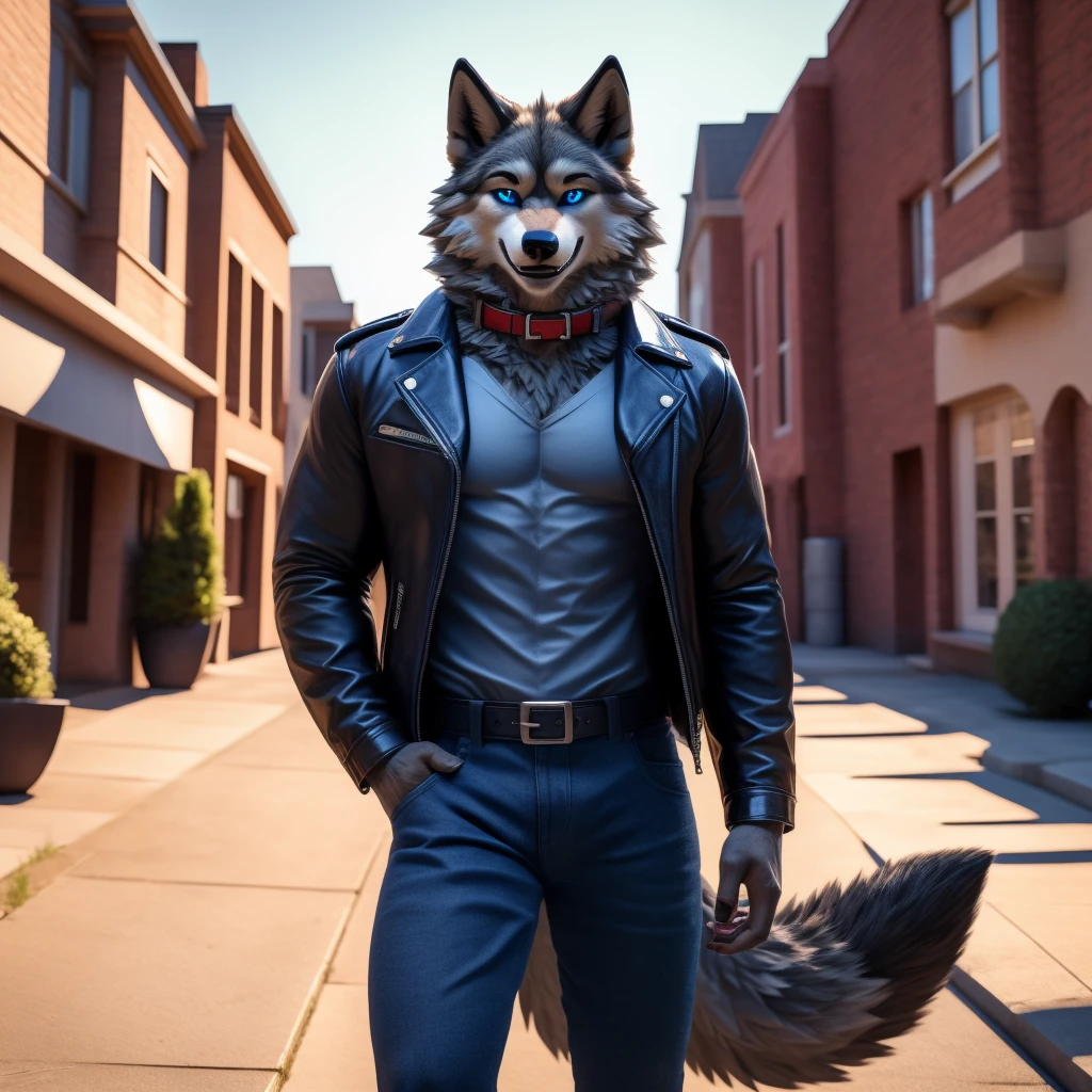Sexy posting, Male, 30 years old, cute, eyeliner, big happy grin, black leather jacket, anthro, wolf ears, (black fur:1.0), Timberwolf, front yard background, 8k, hi res, (best quality, masterpiece), (wolf tail:1.5), detailed fur, solo, red collar, blue jeans, blue eyes, standing