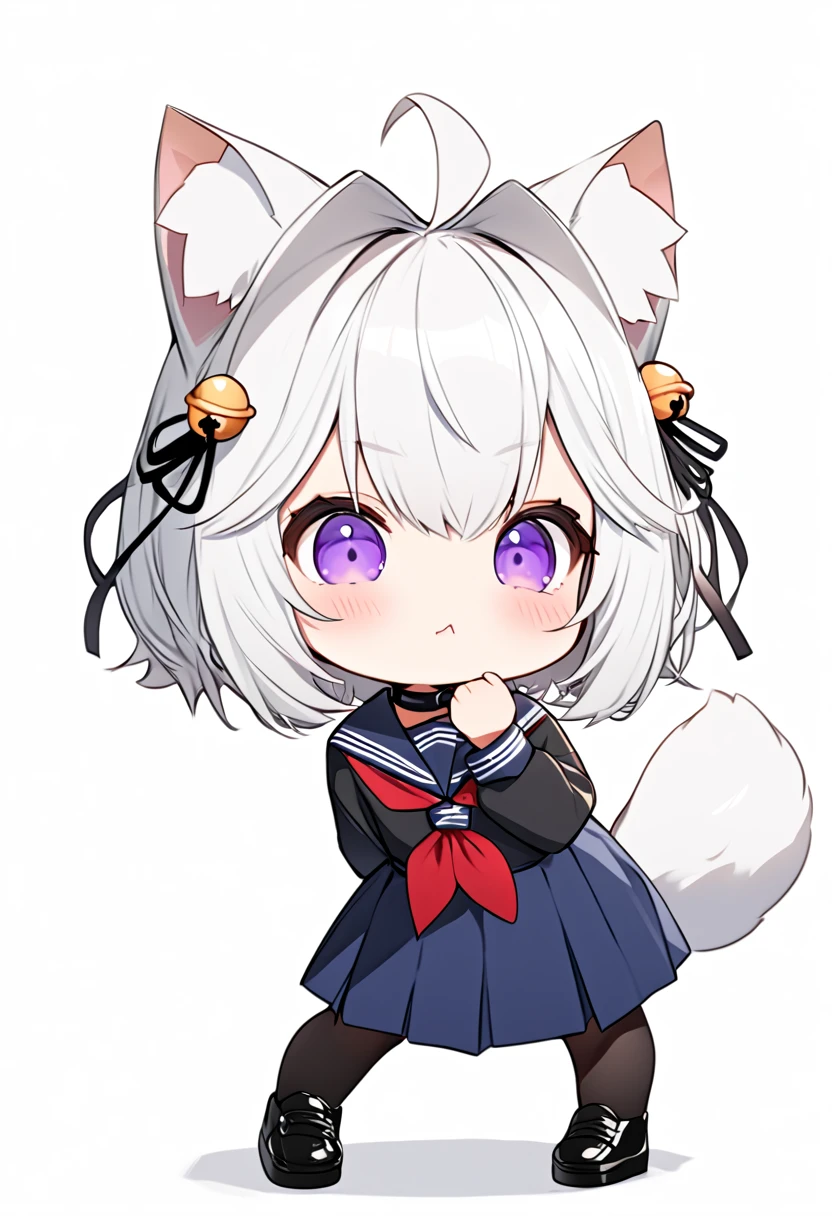 master piece, best quality, ultra-detailed, illustration, 1girl, solo, chibi, (big head), cute pose, Filiansailor, white hair, short hair, cat ears, ahoge, purple hairclip, hair bell, purple eyes, fluffy tail, serafuku, red neckerchief, blue skirt, black stockings, black shoes, ((simple white background)),