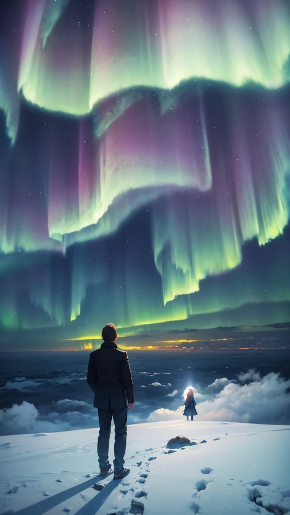 Above a majestic sea of clouds, the night sky is illuminated by the aurora and the moon. A man and a woman float in the sky.