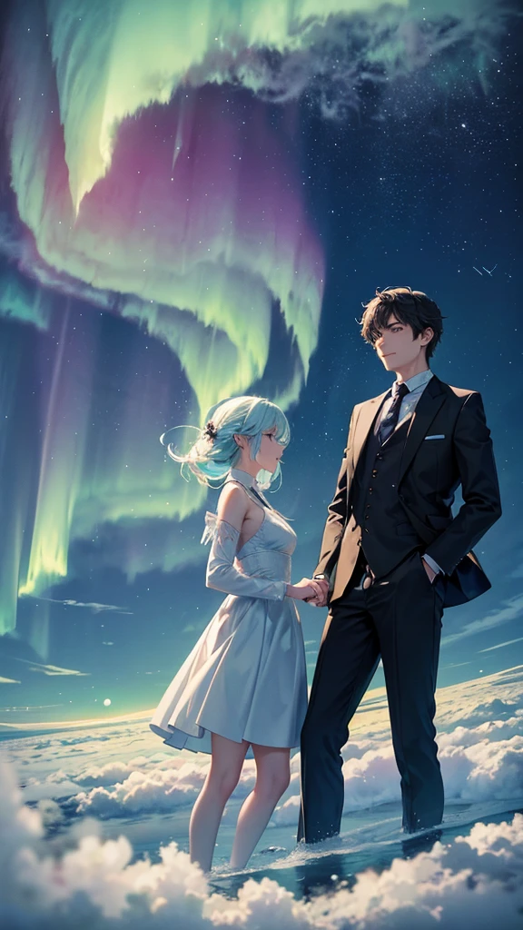 Above a majestic sea of clouds, the night sky is illuminated by the aurora and the moon. A man and a woman float in the sky.