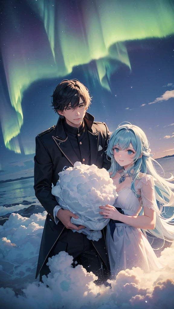 Above a majestic sea of clouds, the night sky is illuminated by the aurora and the moon. A man and a woman float in the sky.