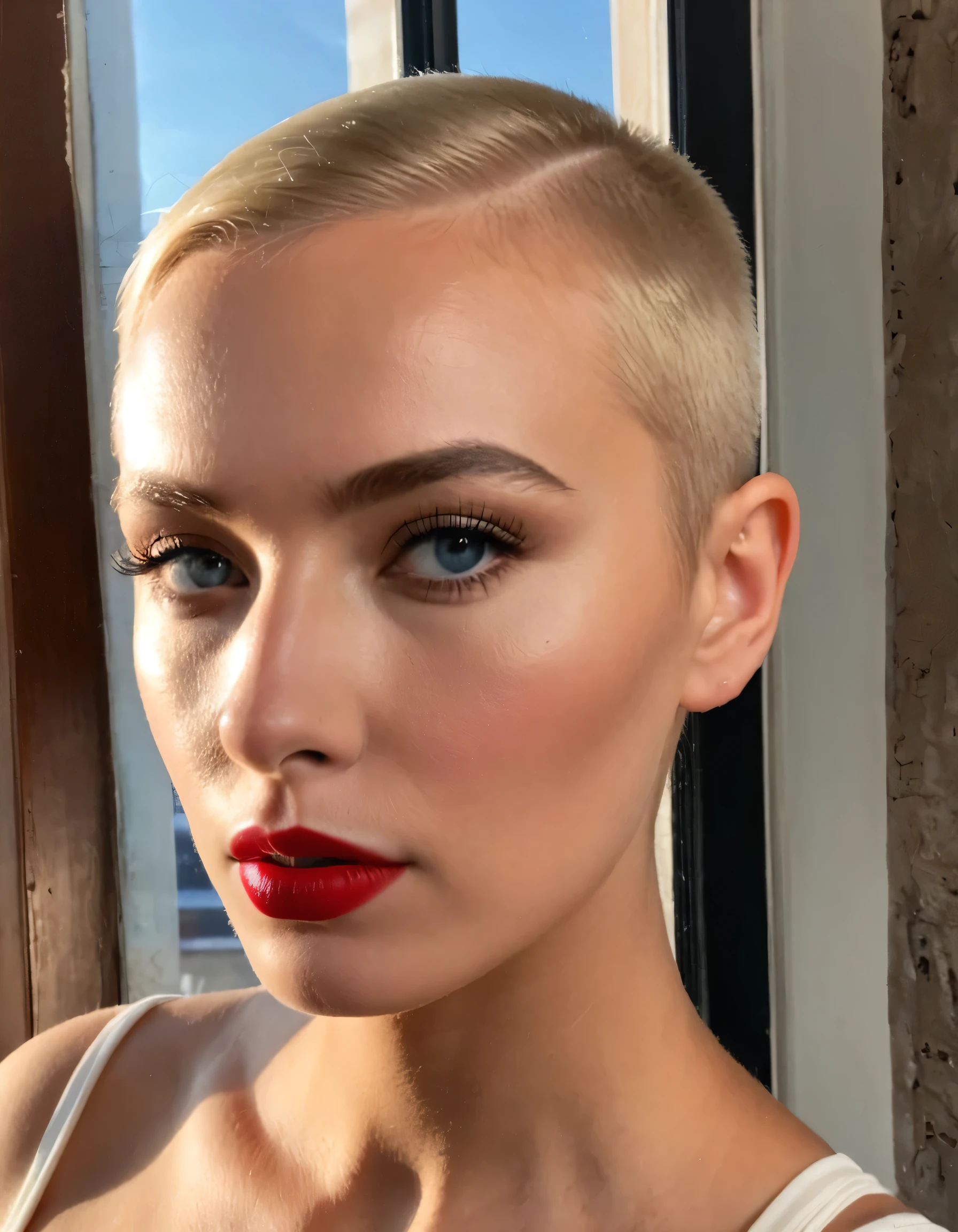 A photo of a (girl with blonde buzz cut hair:1.2), from russia, looking down, she has (blonde eyebrows and eyeline), blue eyes, red lips, fashion model vibe, VOGUE, (natural light streaming through the window:1.1) casting soft shadows on her face, taken with an (iPhone XR:0.8) at 1/60s, f/2.2, ISO 800, candid expression, muted color palette, JPEG format.