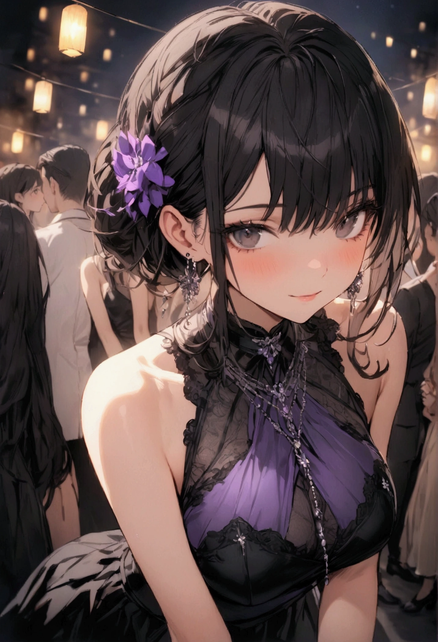 ((Best Quality)), ((masterpiece)), (detailed), a woman with black hair and curly black eyes is wearing a shirt and a purple vest and a miniskirt, medium breasts, is at a night party