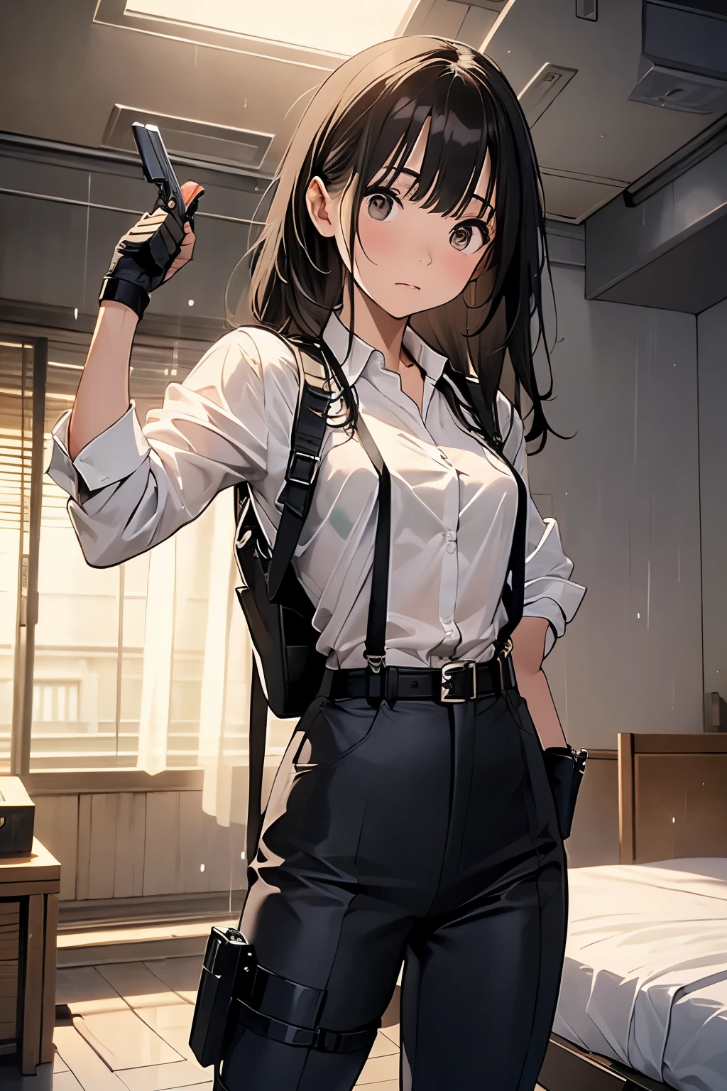 1 female, , high quality, masterpiece, Ultra-high resolution, , Cinema Lighting, , , And the suspenders with the cranes flying Large Breasts Small face holster Lying in bed Looking up Sweat belt summer 脇Sweat Black Hole Gloves suit shirt Black jacket Black trousers Leg Links ズボンにbelt holster Hands behind your back Anxious expression Looking up Anxious face, legs apart Armament Handgun handcuffs Cable ties レッグholster holster See-through clothing heavy rain Getting wet in the rain