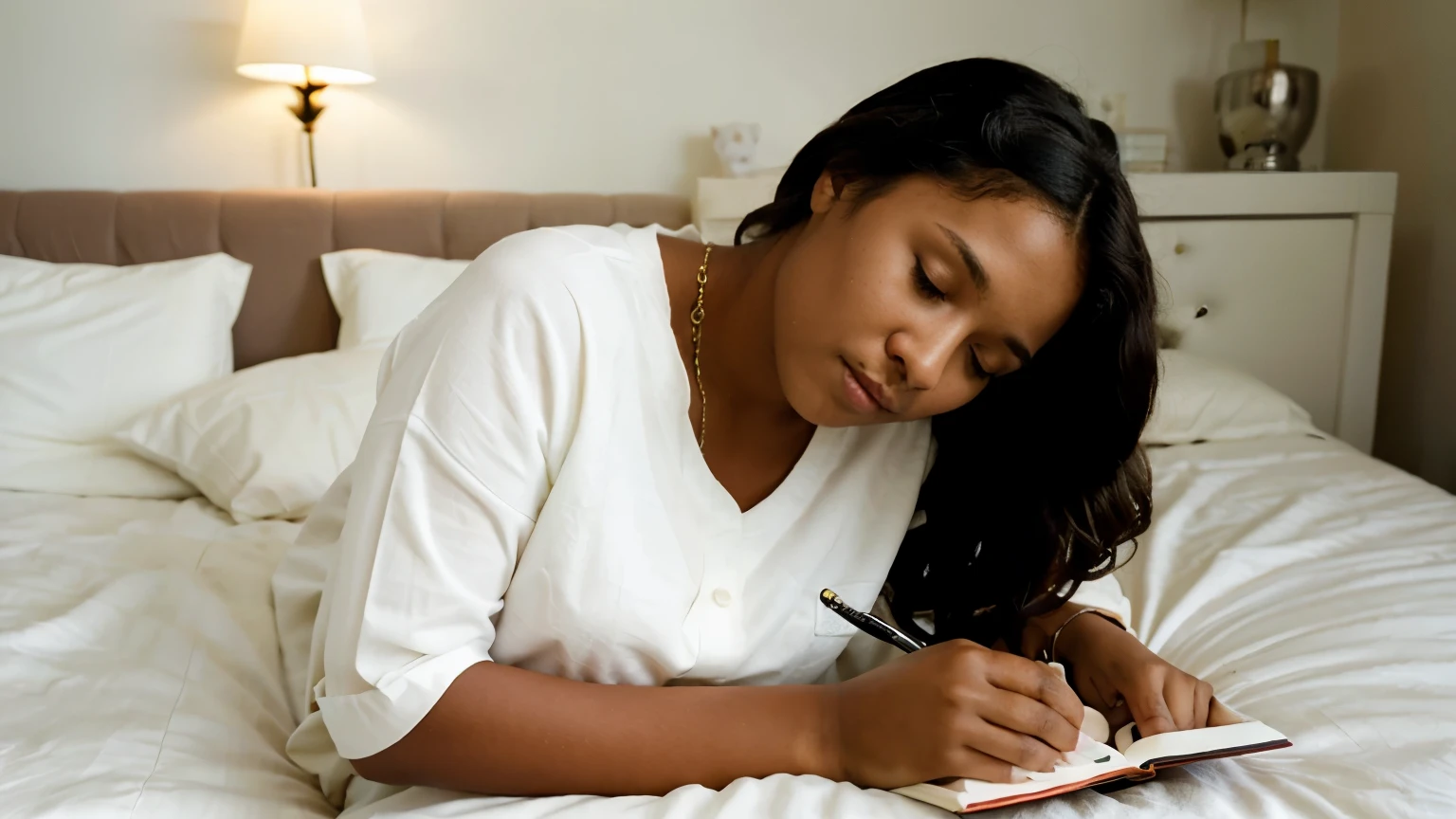black woman sitting on the double bed in the bedroom with the notebook on her lap, face focused on work, white cat sleeping next to her, photo, hd, realistic, detailed