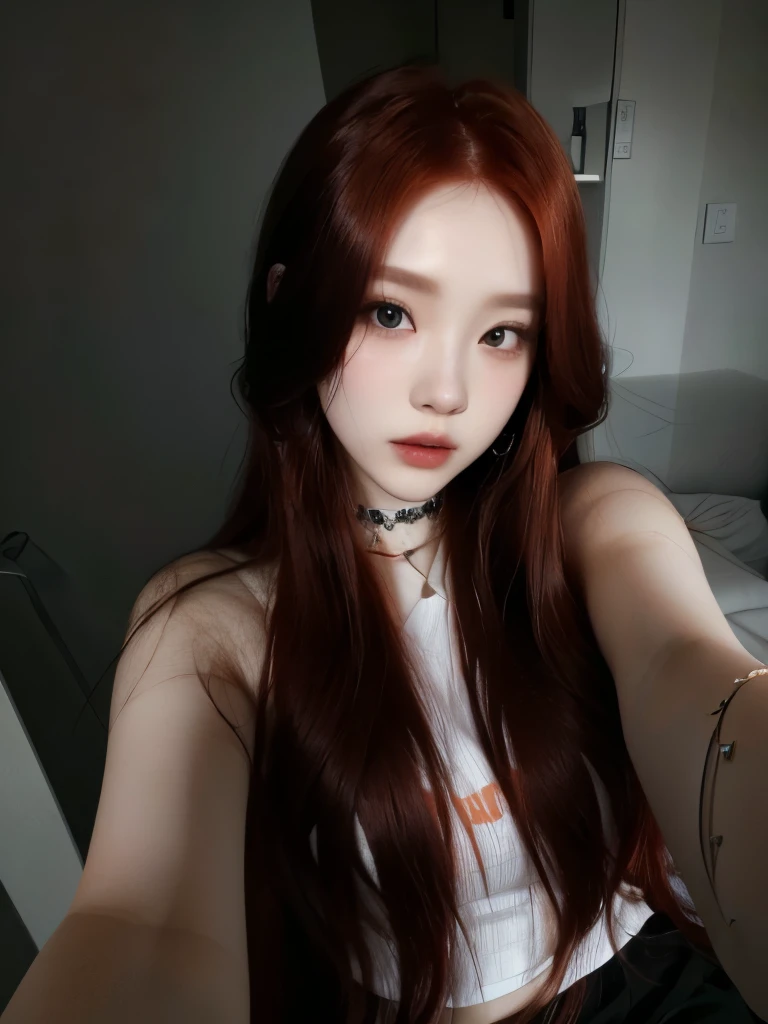 There is a woman with long red hair taking a selfie, ulzzang, With long hair and piercing eyes, 8k selfie photograph, fair and pale skin!!, pale and glowing skin, Retrato de Jossi do Blackpink, beautiful young korean girl, she has long orange brown hair, cruel korean goth girl, young lovely korean face, With long hair, pale porcelain white skin