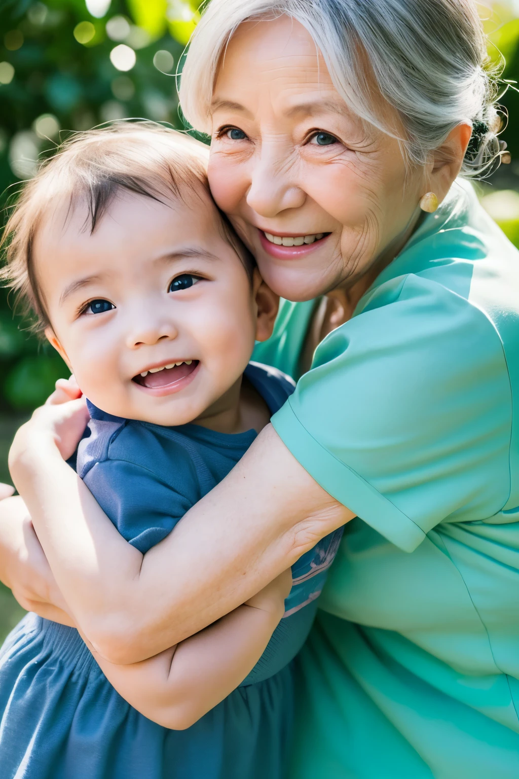 High-quality photos、Outdoor green background、Smiling elderly woman and baby、Warm atmosphere、The bond between grandmother and grandchild、Gentle expression、Happy appearance、Woman in blue、Baby in pink clothes、Natural light、Soft Shadows、Sharp details、Realistic skin textures、Lively expressions、A Loving Hug、Interaction across generations、Characteristics of Japan people