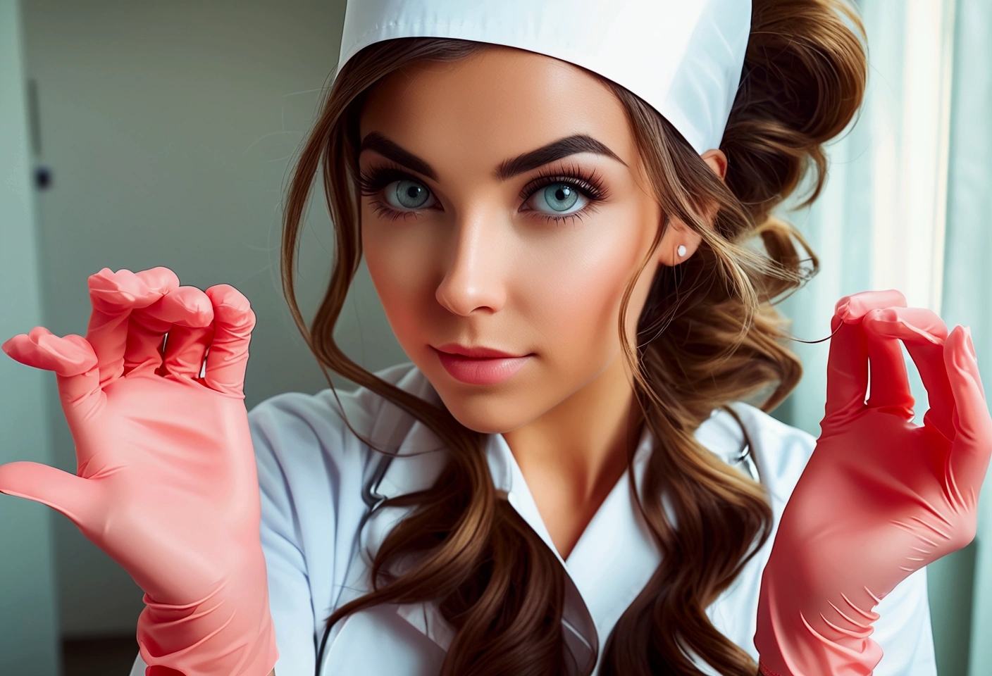 Instagram photo, full photo of 26 y.o sexy nurse, putting on rubber gloves, perfect detailed eyes, natural skin, hard shadows, film grain