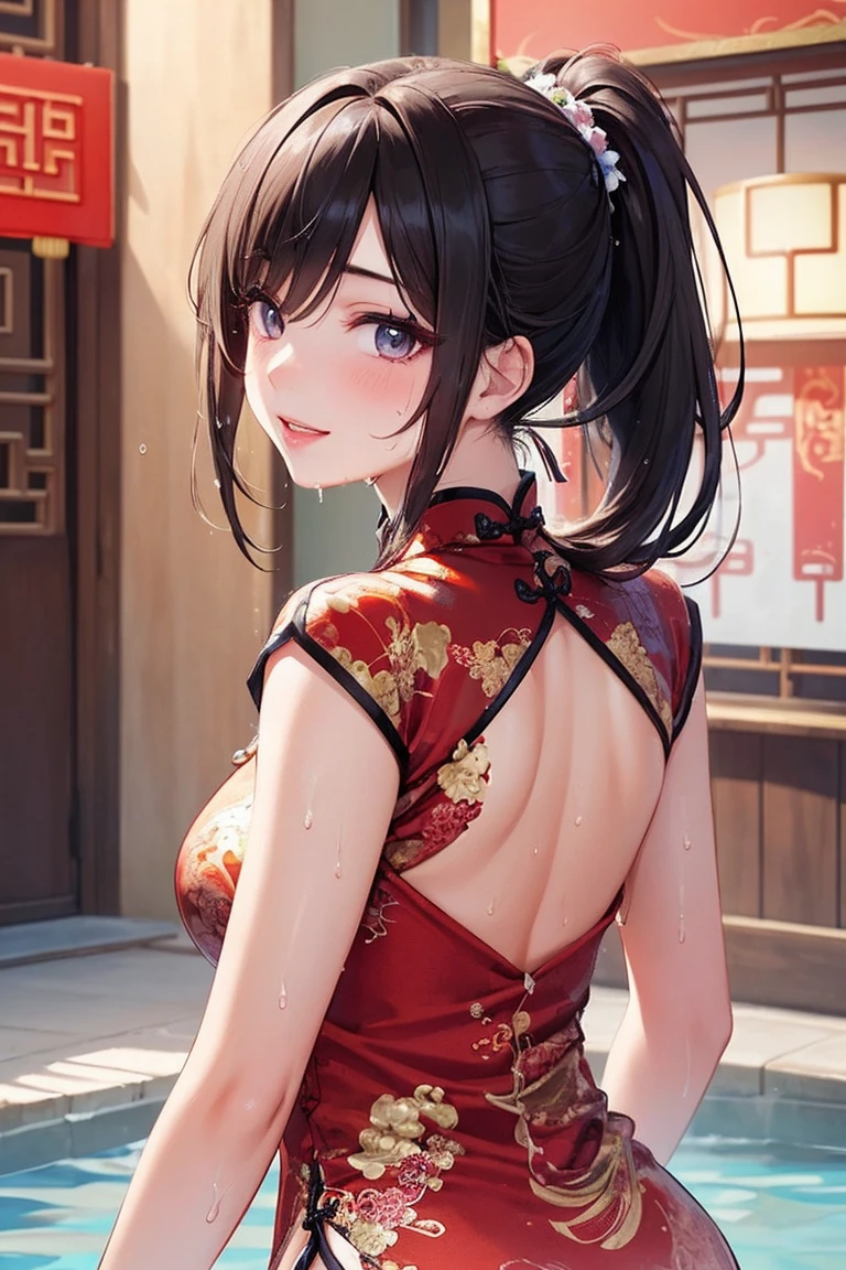 (masterpiece,Highest quality,Ultra-high resolution),Japanese women, (((Very beautiful 25 year old girl))), pretty girl、Look at the photographer、 ((Beautiful low ponytail)), Very cute face, Glossy Lips, Double eyelids on both eyes,Natural smile、 Natural Makeup, Long eyelashes, Shiny and smooth hair、Center image, Perfect limbs, Perfect Anatomy,(((China dress)))、(((Looking Back)),Wet with sweat,