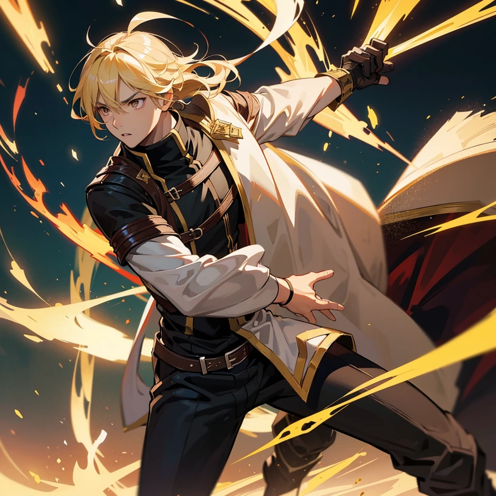 A blonde warrior similar to Kirito, with brown eyes, in an epic scene in which he gives off a white aura