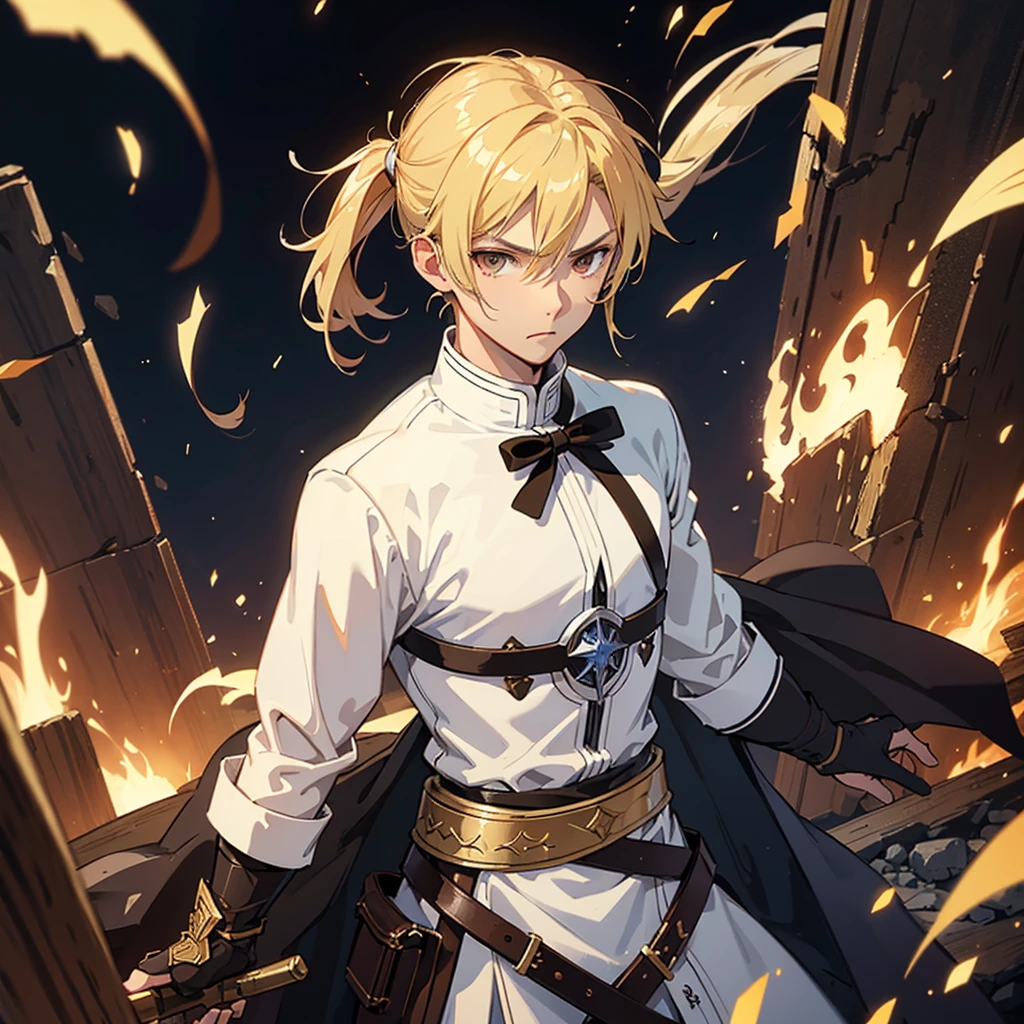 A blonde warrior similar to Kirito, with brown eyes, in an epic scene in which he gives off a white aura