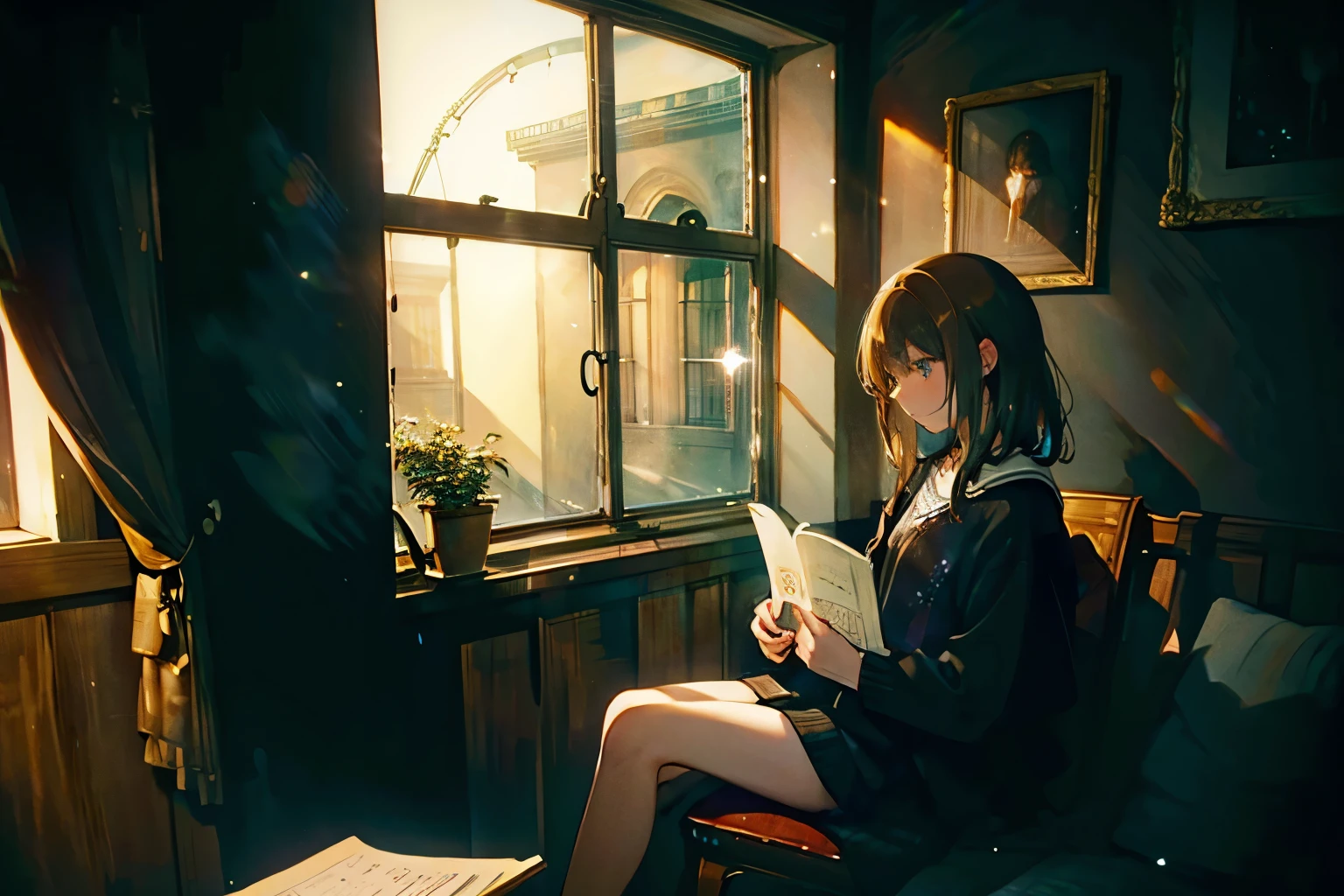 The room is dark,masterpiece, wonderful, Large windows、dark、Brown Hair、teenager、Holding a novel and reading it、Window、Sit leaning against a wall、Bookshelf、Sit on the right side of the room、sit facing left