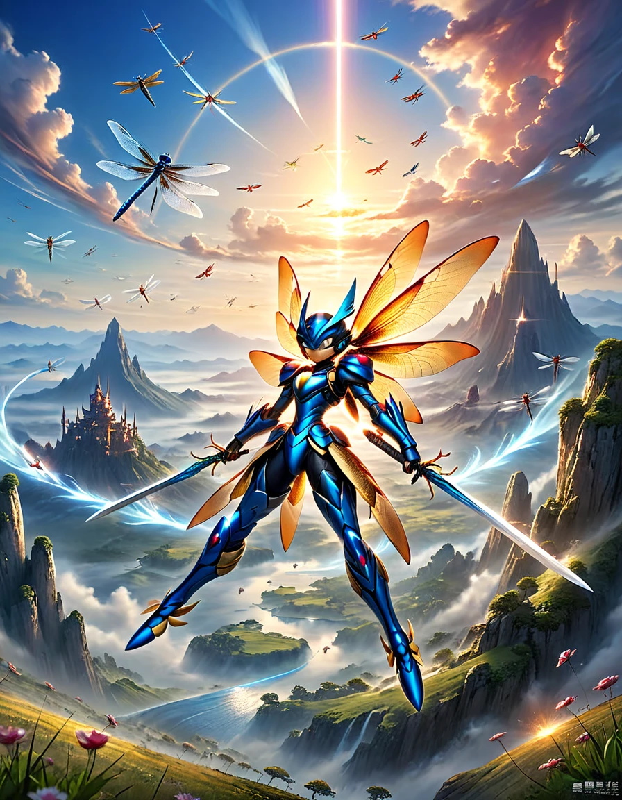 Highest quality, masterpiece, High resolution, Fantasy World、Sunset、Sky and Mountains、No humans、Aura Butler、(Insect-like armor、Dragonfly-based)、(Flying through the wind)、flight、Sonic、Floating、Air combat、Holding Sword、Shoulder-held cannon、whole body、extensiive、Aori、