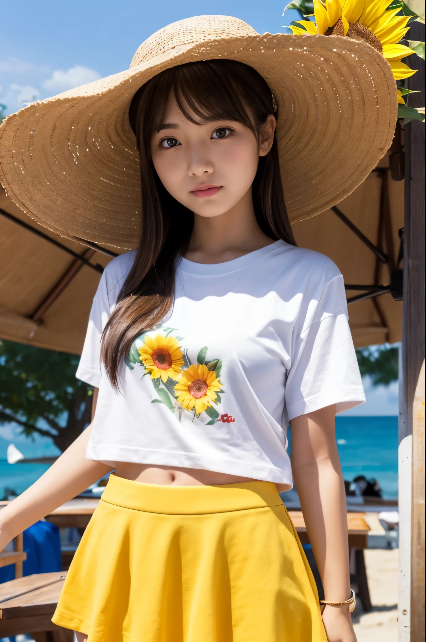 20 years old girl (Japanese cute face) is wearing T-shirt, mini skirt and has sunflower at the beach bar