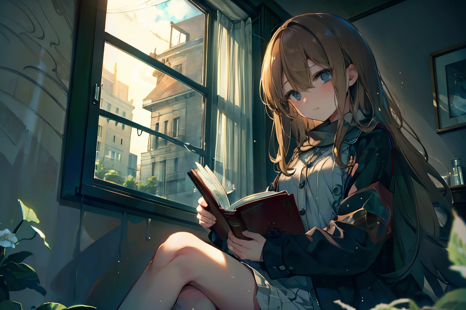 Rainy Sky,masterpiece, wonderful, Large windows、dark、Brown Hair、teenager、Holding a novel and reading it、Window、Sit leaning against a wall、Bookshelf、Sit on the right side of the room、sit facing left, chiaroscuro