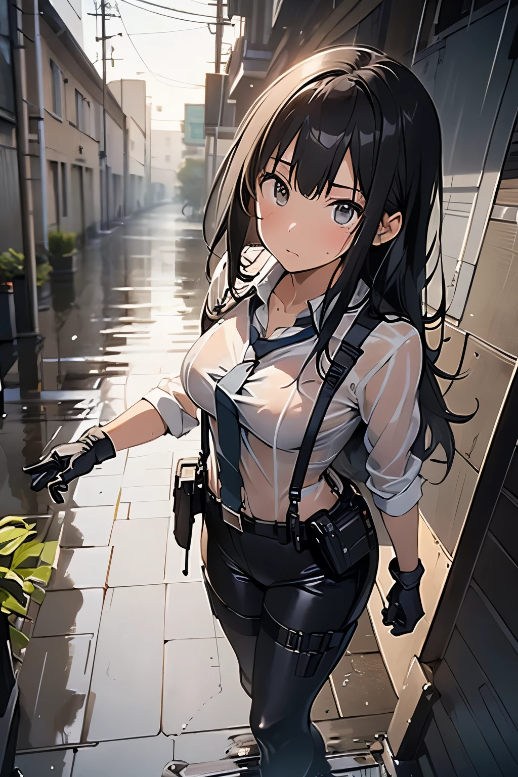 1 female, , high quality, masterpiece, Ultra-high resolution, , Cinema Lighting, , , And the suspenders with the cranes flying Large Breasts Small face holster Lying in bed Looking up Sweat belt summer 脇Sweat Black Hole Gloves suit shirt Black jacket Black trousers Leg Links ズボンにbelt holster Hands behind your back Anxious expression Looking up Anxious face, legs apart Armament Handgun handcuffs Cable ties レッグholster holster See-through clothing heavy rain Getting wet in the rain