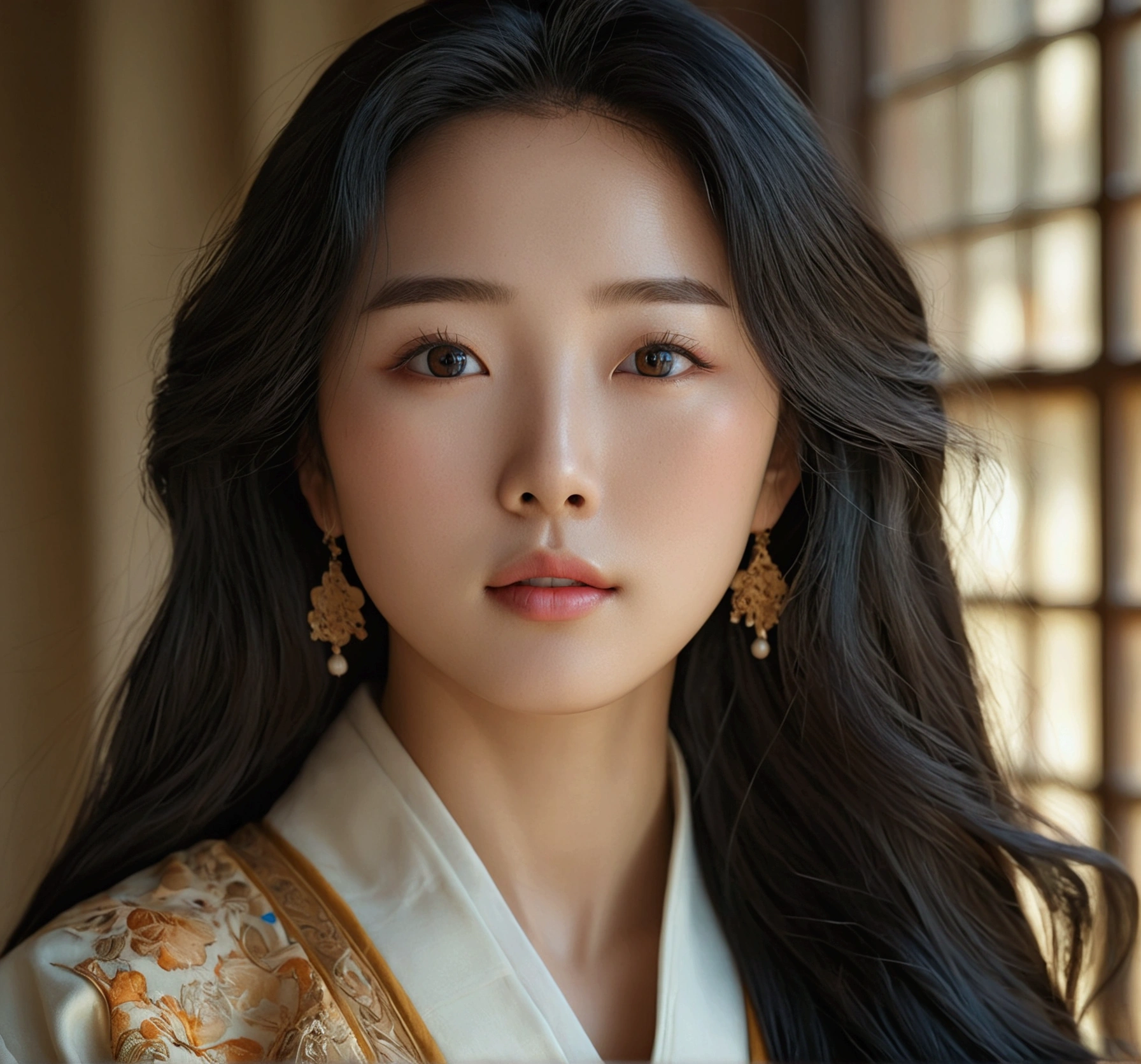 beautiful long black haired korean girl, detailed carmelite eyes, sexy pose, highly detailed face, intricate details, delicate features, porcelain skin, elegant fashion, natural lighting, atmospheric setting, cinematic composition, vibrant colors, warm color palette, masterpiece, photorealistic, 8k, ultra-detailed