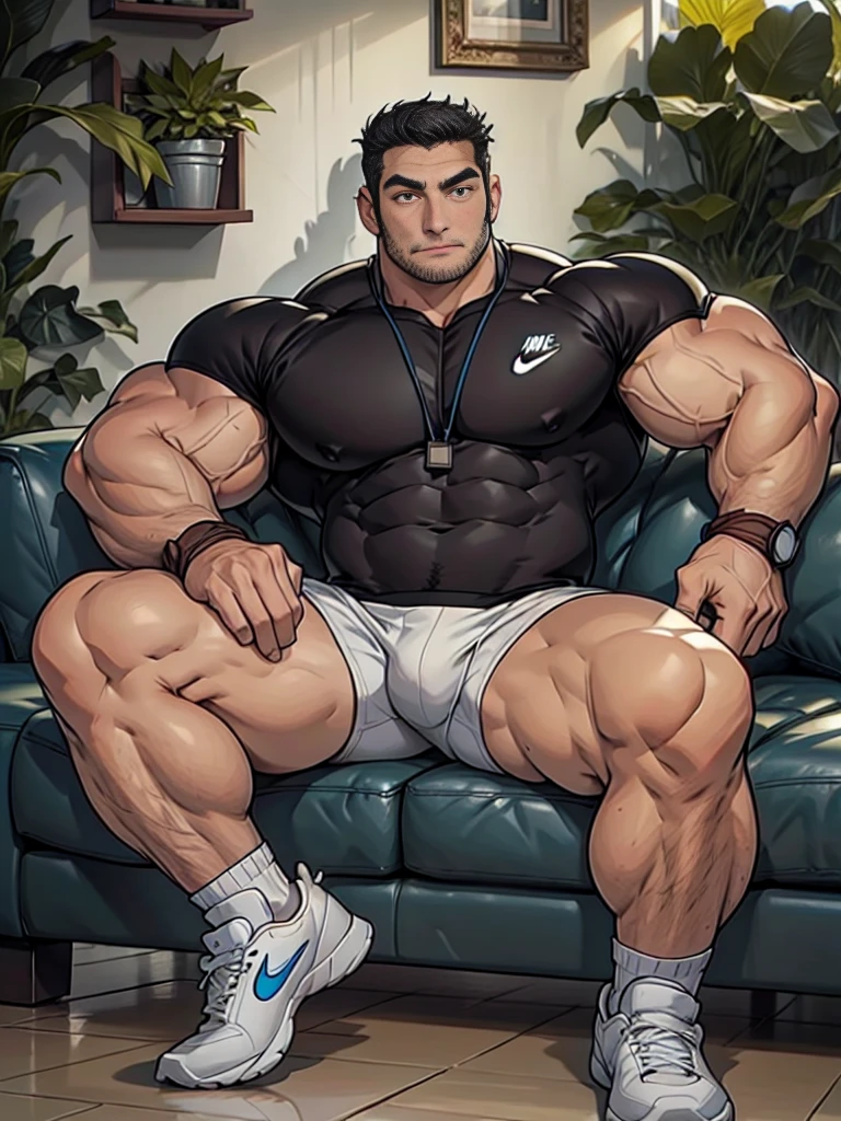 A male athlete wearing Nike shorts and white Nike socks，He sat on the couch，He leaned back on the sofa,He is muscular，He has thick body hair, especially on his calves and arms.,Close-up shot，There is a white wall behind the sofa，There are low-lying tropical plants on the floor next to the sofa.，Floor tiles are laid on the ground，Carpet under the sofa，Two landscape paintings hanging on the white wall，