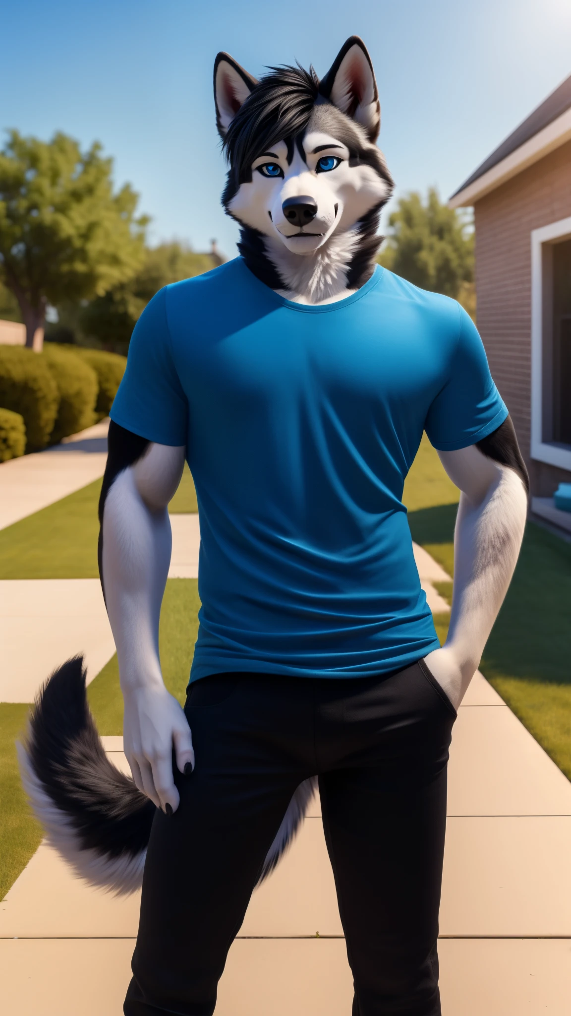 Sexy Posing, male, 30 years old, cute, eyeliner, short black hair, biting lip smile, blue shirt, bedroom eyes, anthro, dog ears,husky dog, front yard background, 8k, hi res, (best quality, masterpiece), blue eyes, standing, husky tail, black jeans