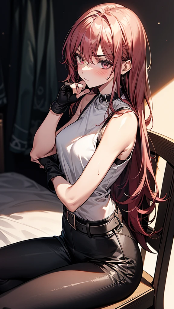 {{masterpiece}}, {{{Highest quality}}},{{Very detailed}},1girl,30years old,{Mature Woman}},Cowboy Shot,from side,{{skinny}},{{Female Fighter}},{{Shorts:1.4}},{{Sit on a chair and take a rest}},Slim body,{{Slender body}}、loose sleeveless shirt、Shorts belt Black leggings Black Panties Black tights, black fingerless gloves Red Hair ruins,,{{v-shaped eyebrows}},Bad mood,blush、Sweat, View your viewers、