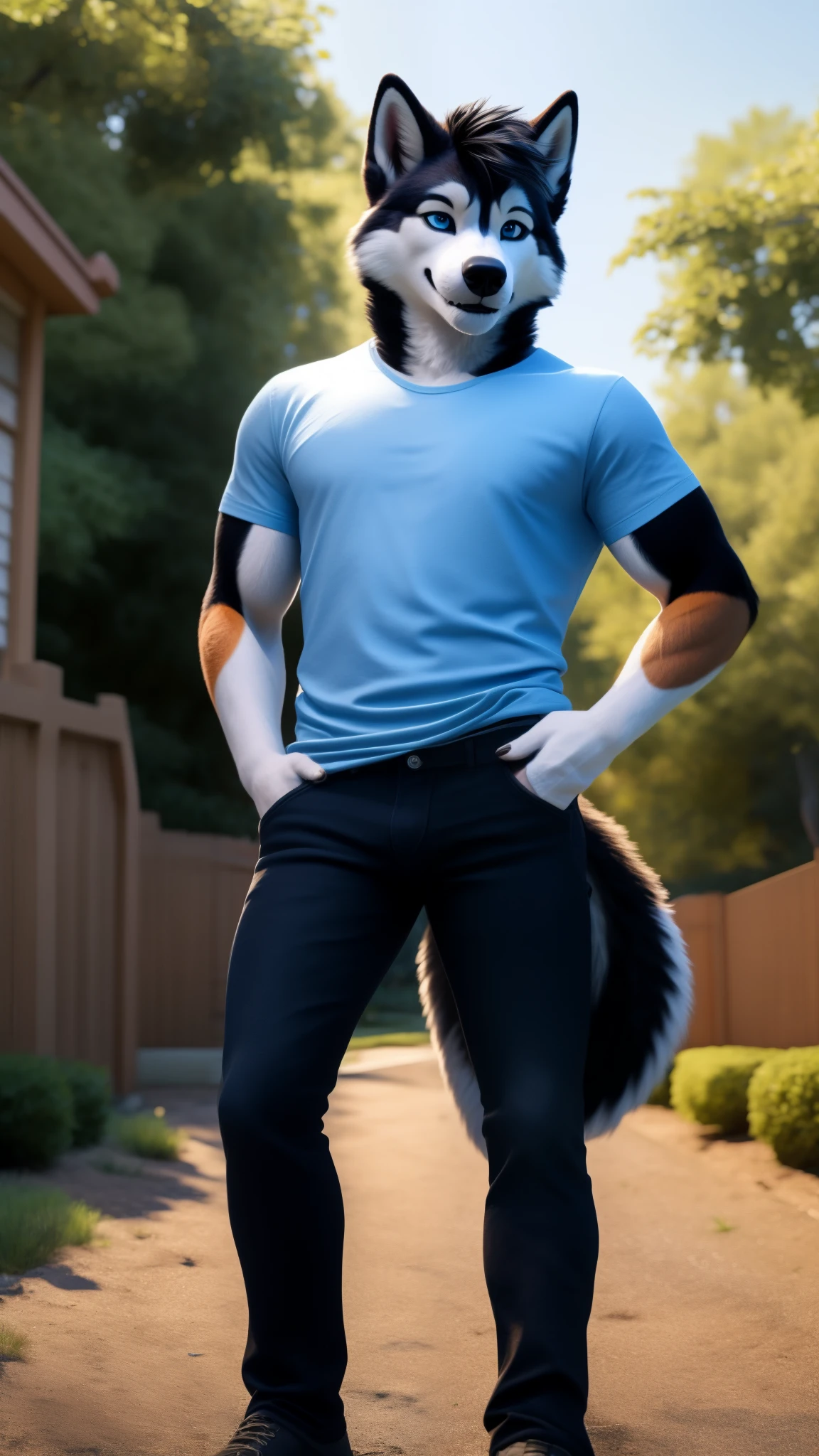 Sexy Posing, male, 30 years old, cute, eyeliner, short black hair, biting lip smile, blue shirt, bedroom eyes, anthro, dog ears,husky dog, front yard background, 8k, hi res, (best quality, masterpiece), blue eyes, standing, husky tail, black jeans
