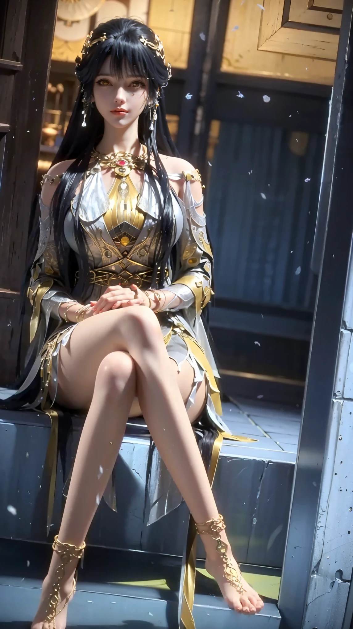 masterpiece, best quality, tthl, 1 Girl, , Solitary, Long hair:1.2, Large Breasts,, Hair accessories, skirt, Bare shoulders, Jewelry, Alternative clothing, bracelet, ear rings, 长skirt, 蕾丝skirt, bracelet, barefoot, 细barefoot, Charming smile,Cross your legs, Sitting in the bathtub, indoors, From below，camisole，(((yellow eyes))), ((long black hair)), delicate features