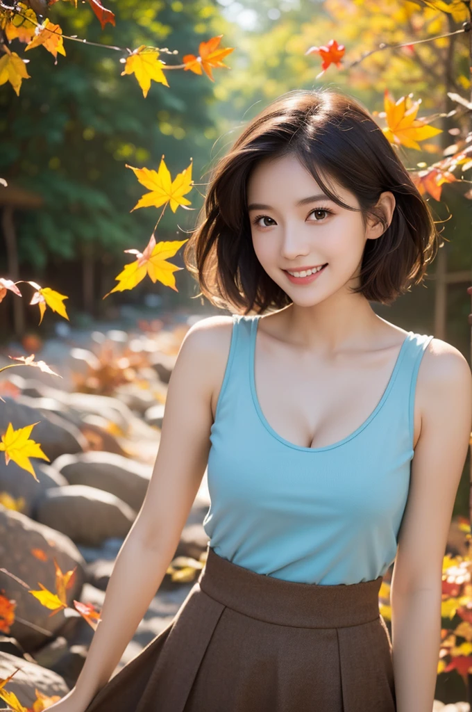 High resolution 8k、Soft Light、1 female、(Detailed face)、Light brown-black hair、Light blue stylish tank top and skirt、Cleavage、Smiling with a nice smile、Autumn leaves in the background、Make a stylish pose、Hair fluttering in the wind、Short Hairstyle、