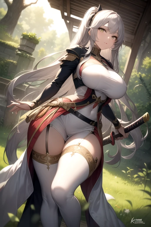 One girl, Alone, Light cherry-coloured hair, Yellow Eyes, Braiding, french Braiding, Long Hair, Twin tails, Both sides up, Sweat, Hot body, Glowing Skin, gentle eyebrows, Bright red face,
No mask, No anal sex, No peace, Do not bite cloth or strings,
(((Large Breasts))), outside, An open grassland in the forest,
White Princess Knight Equipment, Katana with sheath on left hip, The overall white outfit is covered with metal armor made of a white alloy with light pink decorations that are tailored to the female bodyline., Full arm and leg plate armor style, Place々The gold decoration is used as an accent.。The pleated white skirt has accent colors.. On top of that, waist armor is worn with belts crossed on both sides.、A sword on his left hip and several leather pouches on his right hip、She is carrying a leather bag that can be hung from her hip.,
(((Clothing))), (((コスチュームはoutsideさずオーバーハイニーソックスを履いている))),
A man's monster cock will never be inserted into his ass,
From before, Standing pose design, The weapon is a traditional Japanese katana daito and a sheath, The sheath is attached to a holder on the left hip, and the katana is unsheathed and ready to go in the right hand.。
Although he is surrounded by reptilian monsters,、He is fighting well, skillfully wielding a sharp Japanese sword.,
break covered navel, elbow gloves, gloves, leotard, Thigh straps,
break looking at viewer,
break indoors,
break anal sex, monster cock anal sex,
break (masterpiece:1.2), Highest quality, High resolution, unity 8k wallpaper, (figure:0.9), (Beautiful attention to detail:1.6), Highly detailed face, Perfect lighting, Highly detailed CG, (Perfect hands, Perfect Anatomy),