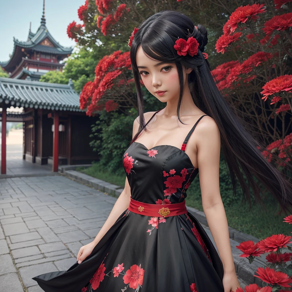 anime girl in a red and black dress with red flowers in her hair, artwork in the style of guweiz, guweiz, chinese girl, trending on cgstation, cute anime waifu in a nice dress, guweiz on pixiv artstation, palace , a girl in hanfu, beautiful digital artwork, guweiz on artstation pixiv