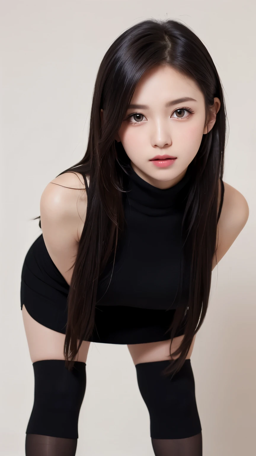 (((forehead、((hands on knees、leaning forward:1.3))、Leaning forward、A calm face、long hair、Northern Europe、White、beautiful girl、Black Hair、White background、High neck sleeveless knit、Tight Skirt、Black tights、cute、Young、True Face、Shiny Hair、whole body)))、table top, highest quality, figure, super detailed, finely, High resolution, 8k wallpaper, Perfect dynamic composition, detailed and beautiful eyes, Deco out,bionde, breasts, Natural color lip,white background, random cute poses,