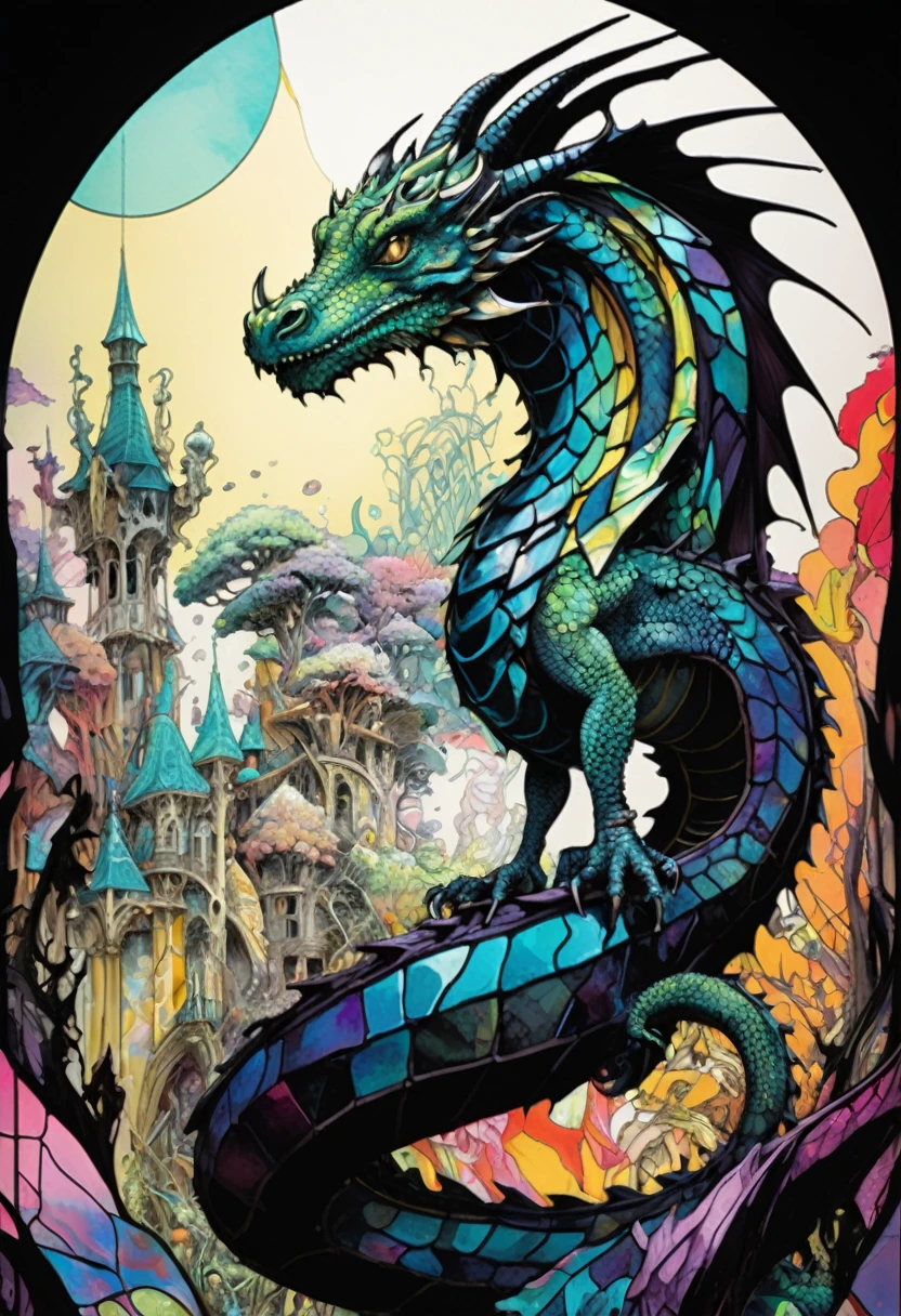 Poster,Jim Mahfood,ellen jewett, Very detailed, High Contrast,masterpiece, Stained Glass Background,,psychedelic,世界の創造魅惑的なpsychedelic, LSD Trip, colorful, Shine,Dragon