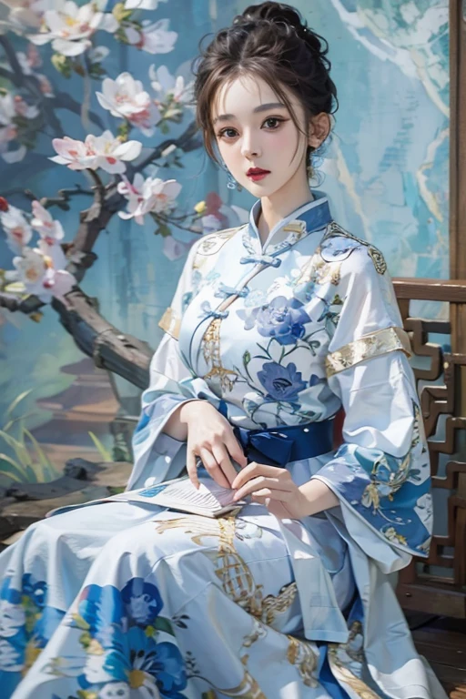 Highest quality，masterpiece，Actual photo shoot，Official Art，Perfect Girl，Professional photography，Photo pose，Blue and white porcelain-style Chinese clothing
