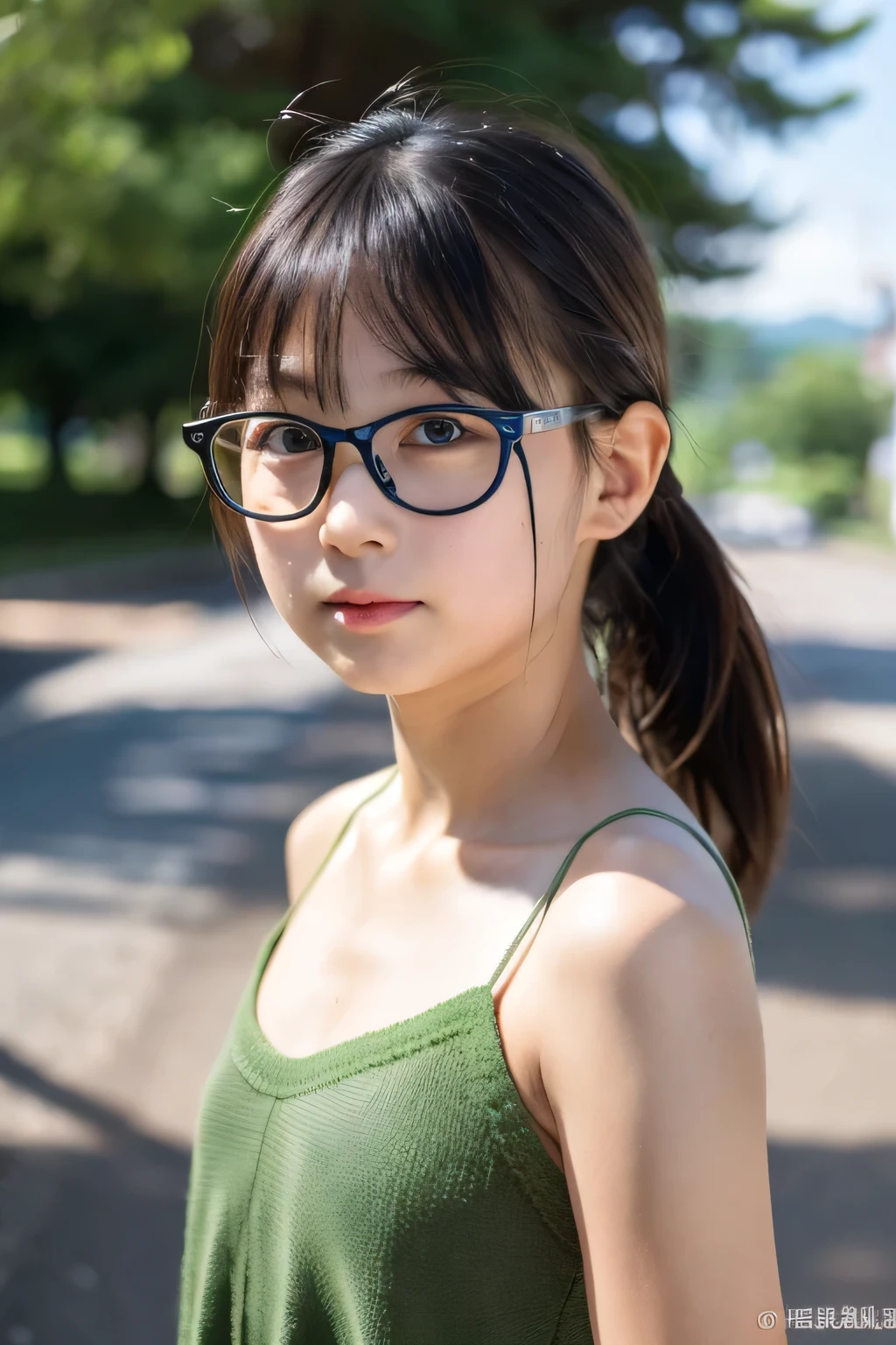 (8k, RAW photos, best quality, masterpiece:1.2), (realistic, photo-realistic:1.37), very detailed, ung girl, naked, Elementary student, wearing glasses, outdoor,