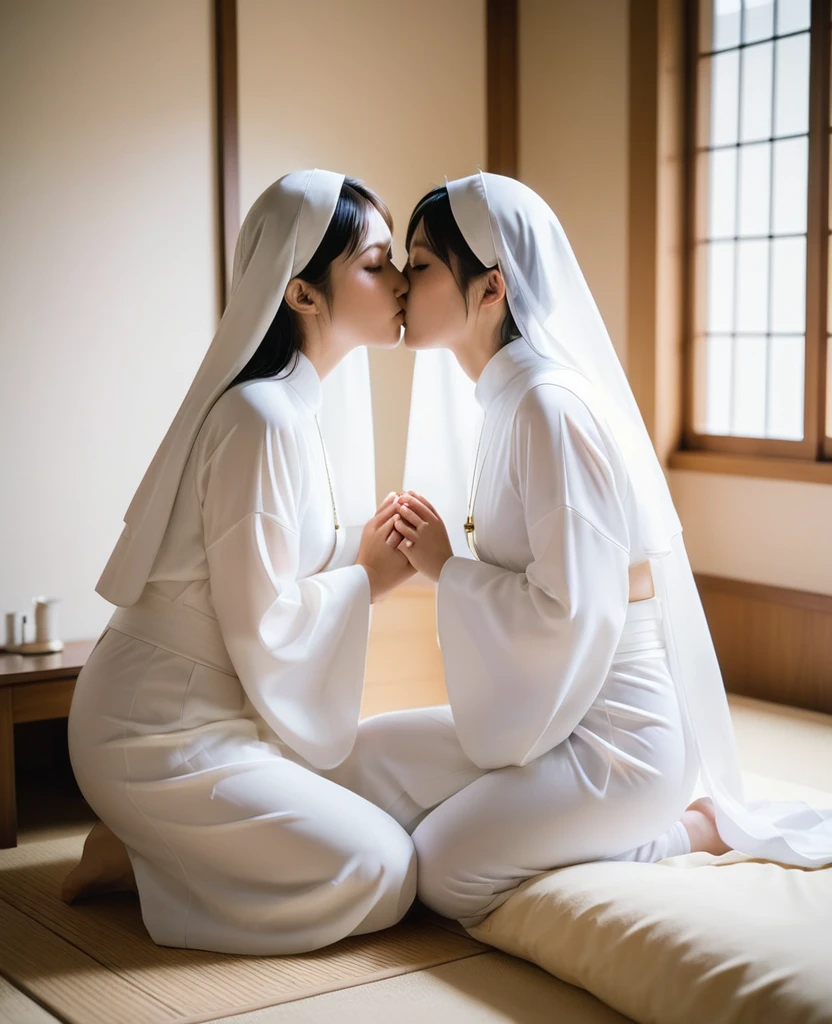 Two Japanese nuns hugging and kissing、Accommodation in Bozuji Temple、Bedroom、See-through nun costume