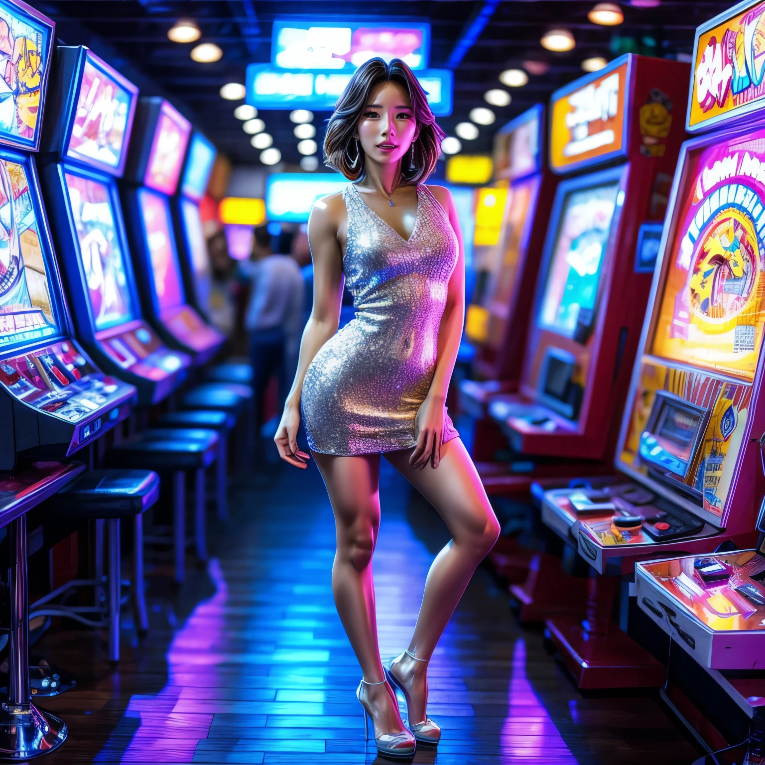 (ExtremelyDetailed((Song Joo A))) clearly visible the shape of Butt, Radiant PearlSkin with Transparency, GameShow event girls in sexy costume, Full of (Game machine) . (Full body shot:1.2),Ultra-detailed,grand scale,epic,zoomed out,wide angle. (ExtremelyDetailed Beautiful face) Dynamic Joyful Expressions LifeLike Rendering. (Exposed:0.59) (TopQuality 8K(masterpiece(ProfessionalPhoto:1.37)))