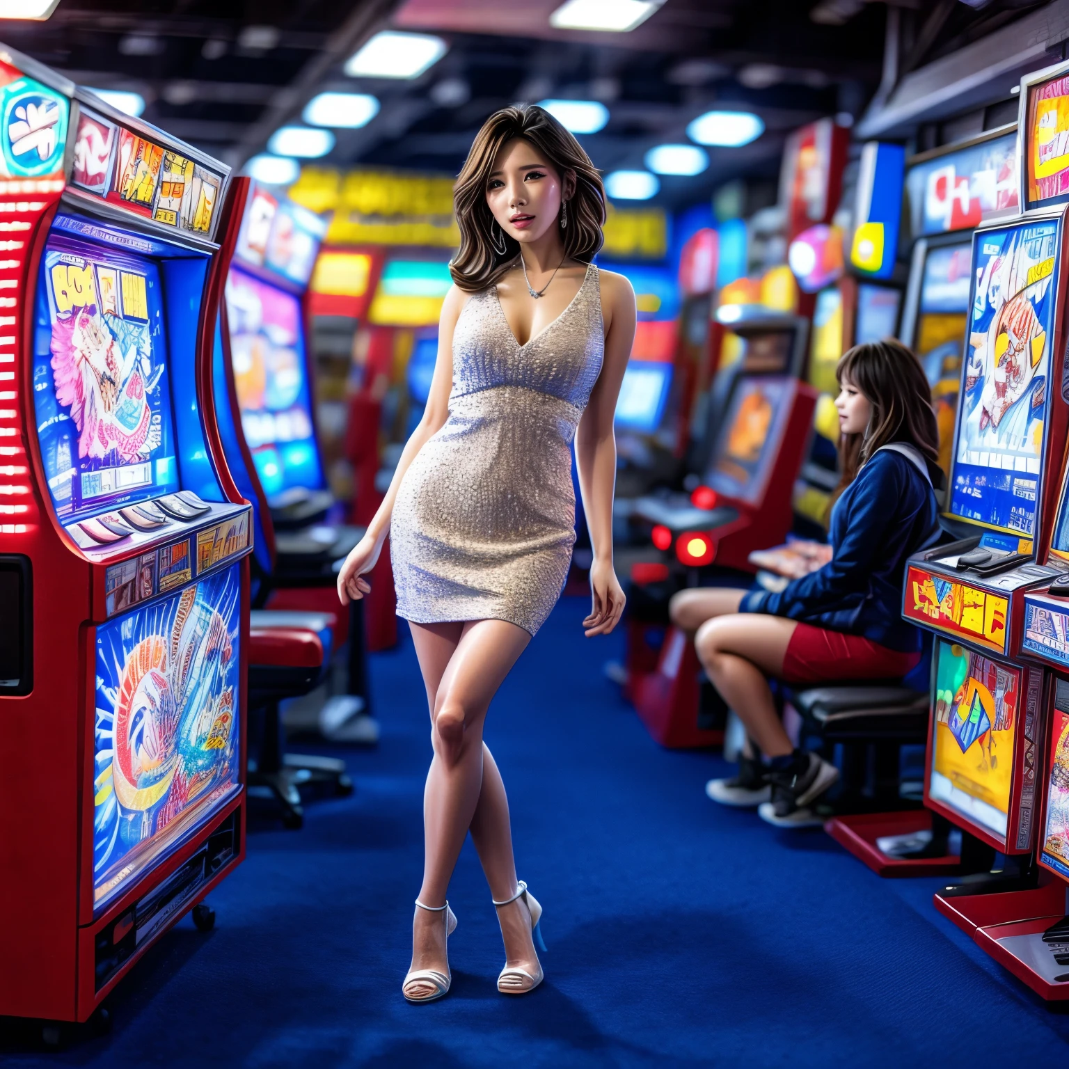 (ExtremelyDetailed((Song Joo A))) clearly visible the shape of Butt, Radiant PearlSkin with Transparency, GameShow event girls in sexy costume, Full of (Game machine) . (Full body shot:1.2),Ultra-detailed,grand scale,epic,zoomed out,wide angle. (ExtremelyDetailed Beautiful face) Dynamic Joyful Expressions LifeLike Rendering. (Exposed:0.59) (TopQuality 8K(masterpiece(ProfessionalPhoto:1.37)))