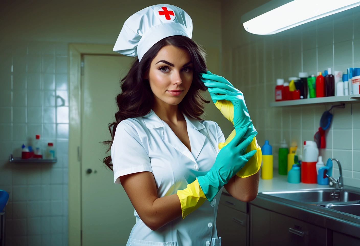 Photo of 26 y.o sexy nurse, putting on rubber gloves. Canon 5d Mark 4, Kodak Ektar, 35mm