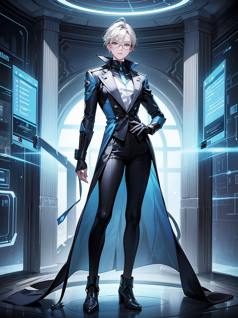 ((Biologically correct limb count))、(( Full-body photo including face))、4K、((Standing position))、masterpiece、((Focus on the face))、((Symmetrical facial features))、, (Natural skin texture, Detailed skin, detailed eyes、 Hyperrealism, Sharpness),A sophisticated humanoid AI character with a sharp, intelligent expression. The character is dressed in a classic blue or gray suit with a modern, cyberpunk twist, featuring glossy materials and small digital display details. The character has platinum blonde or silver hair, neatly styled, and bright blue or green eyes with digital patterns inside. The character wears small earphones and glasses, and has a holographic display on their back showing data. The background is a futuristic digital library filled with books and data screens. The character is in a thoughtful pose, either holding a book or analyzing data on a display.