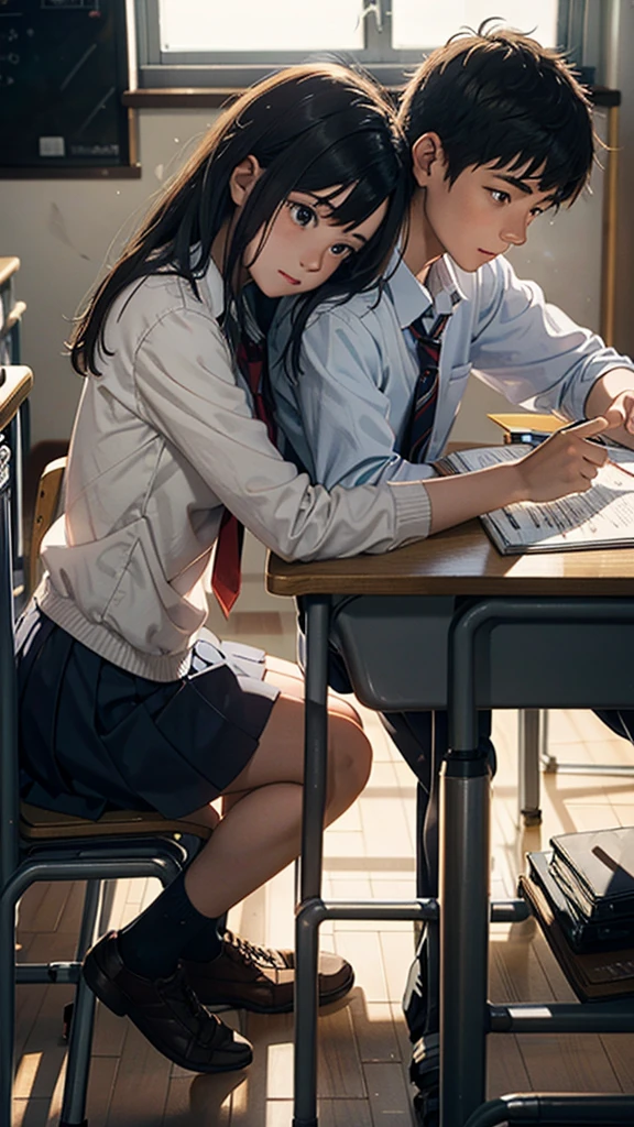 a young couple in a school classroom, studying at a desk, morning sunlight streaming through windows, 