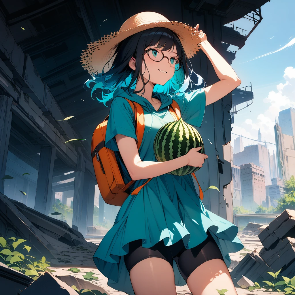 (masterpiece),(best quality),very aesthetic,(ultra-detailed),(super-fine illustration),vibrant colors,high saturation,Collapsed civilization,nsfw,1girl,25yo,slender,tall,medium hair,black hair,natural wave hair,flipped hair,dark green eyes,comfortable,smirk,glasses,(straw hat with leaf color ribbon),carrying a aqua blue rucksack, (thigh-high parka dress with gradient earth color,black bike shorts),short sleeves,Sneaker Shoes,short orange socks,broken wristwatch,Abandoned station platform,Broken concrete ground,standing,Arm raised,(holding a rugged elongated bitter melon,Sowing the seeds of fruit),summer,cowboy shot,looking away,wind