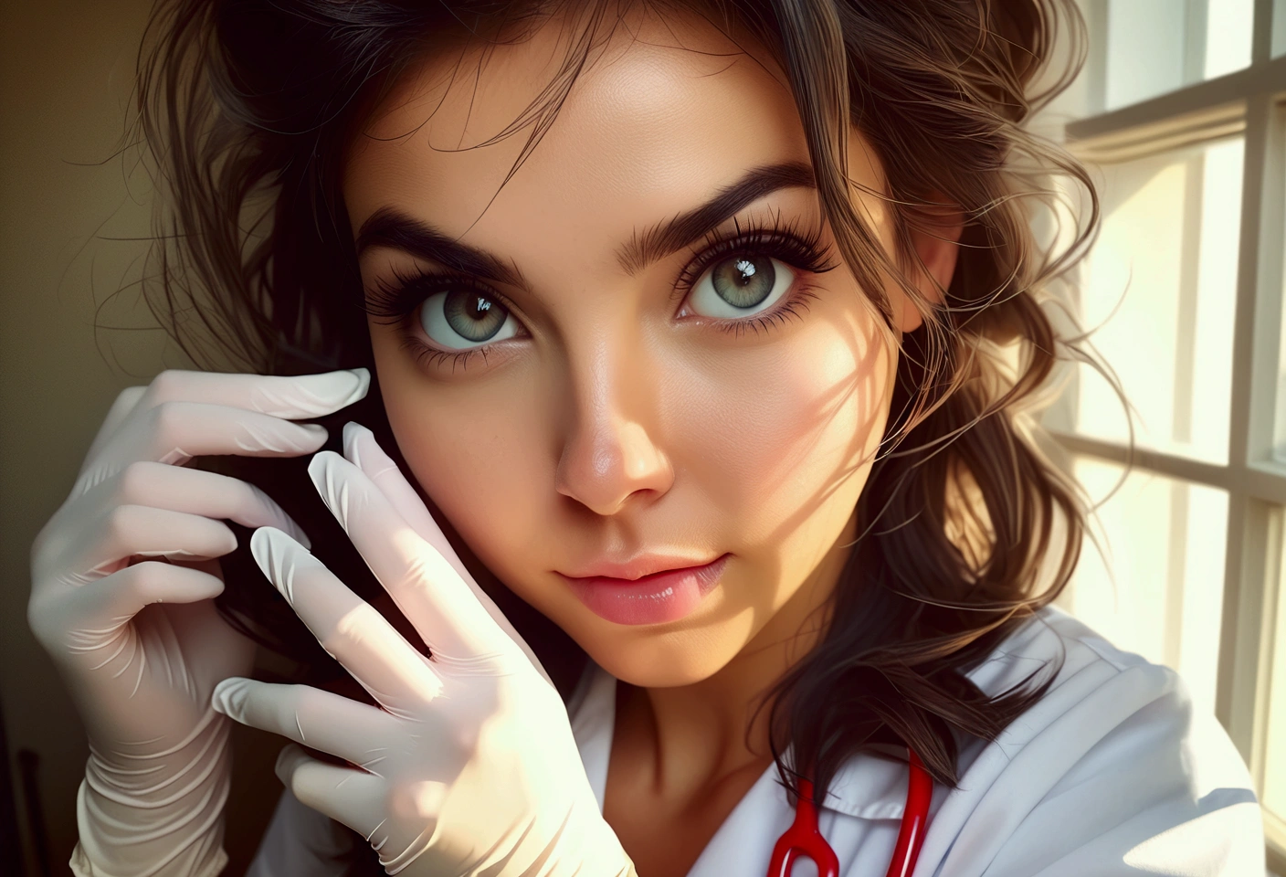 Instagram photo, full photo of 26 y.o sexy nurse, putting on rubber gloves, perfect detailed eyes, natural skin, hard shadows, film grain