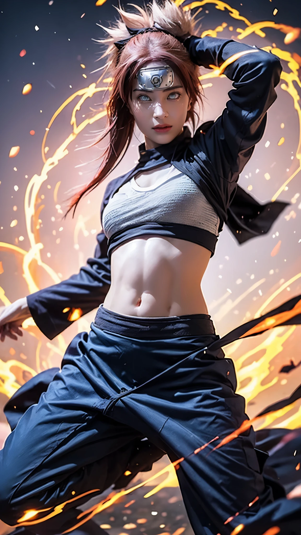 Moisturized skin, (red eyes), realistic body, (adult female body), energetic, (16 years old), (girl),
BREAK,
bright red lipstick, (beautiful navel), (pink hair), beautiful hair, (Hatake Kakashi's clothes: 1.3),
BREAK,
((masterpiece + highest quality + high resolution + highly detailed)), (full body: 1.2), symmetrical, one shot,
BREAK,
(electric shock), (wind blows), (blue electricity), (battle stance: 1.4),
BREAK,
(large Japanese sword), ninja, inside a mansion, assassination, cut, kunai, fantastical, dynamic,