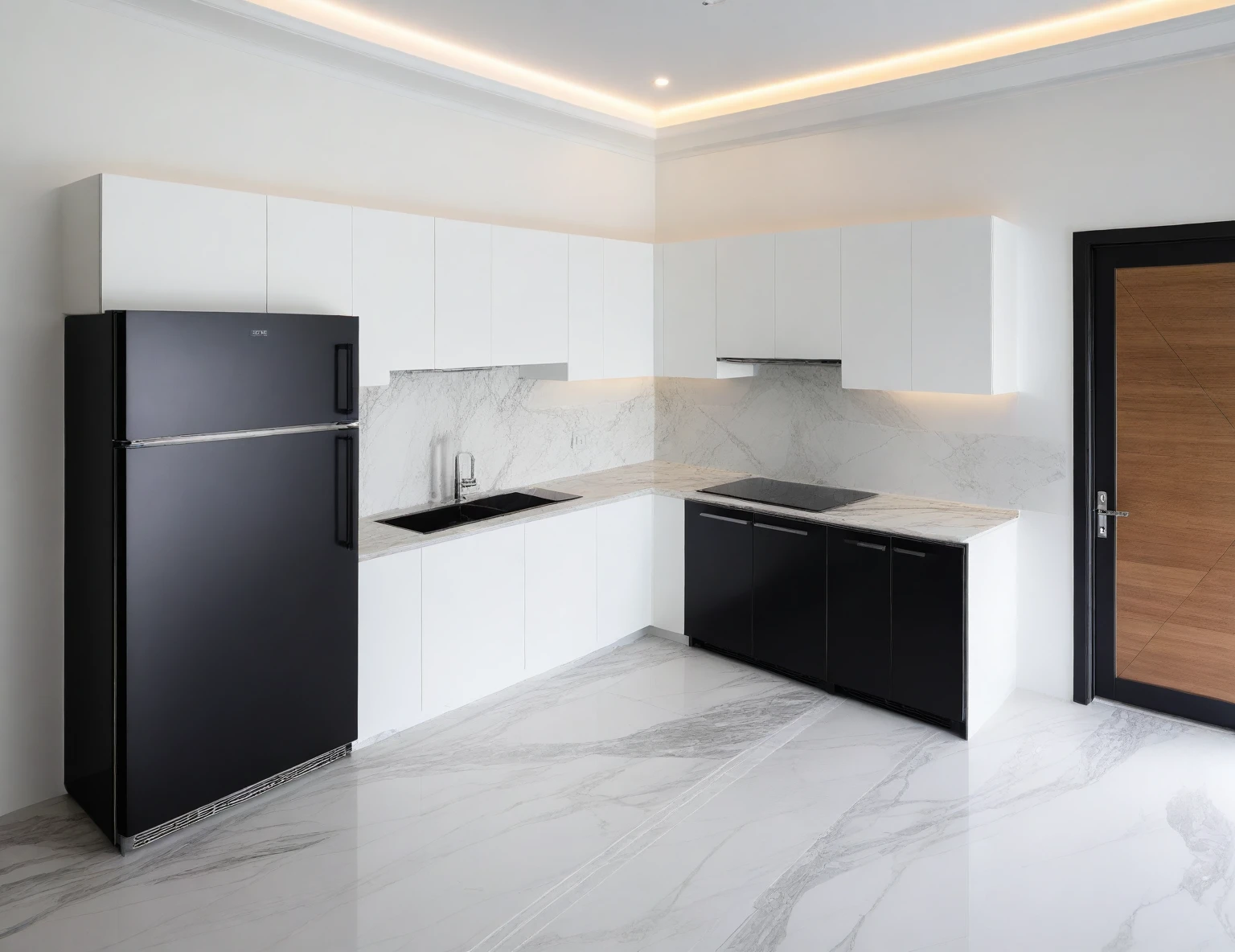 Raw photo,Masterpiece, high quality, best quality, authentic, super detail,
indoors, interior , ((kitchen and dining :1.3)), modern style, daylight, (WHITE WALL),luxury, marble tile floor, fridge, black stone counter top