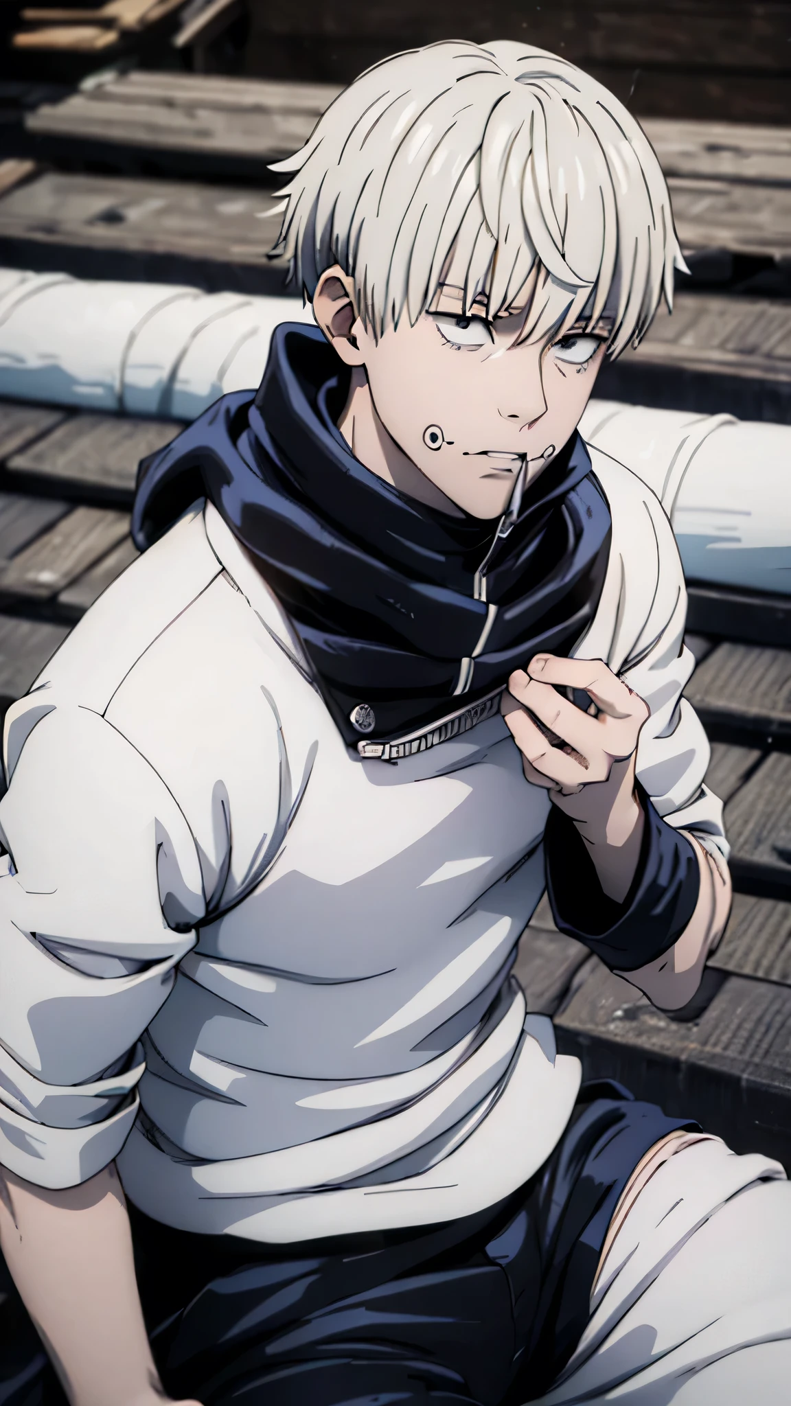 photo of the male character of an anaime named "toge inumaki" in the film "jujutsu kaisen" white hair, small circular black lines on both cheeks, jujutsu kaisen clothes with a long collar closed to the mouth, and black trousers, white shoes, was sitting on a roof tile while holding a white "megaphone toa", with a rustic feel. make the display very detailed, such as eyeballs, costumes, and body conditions,