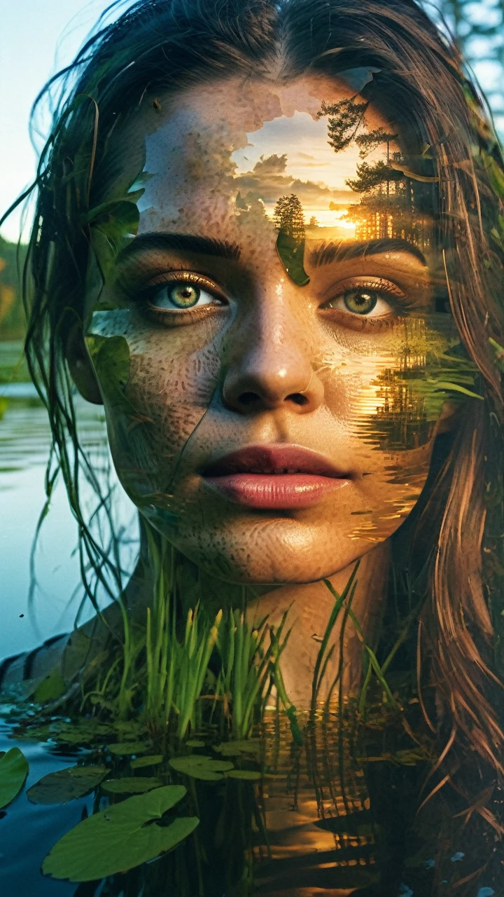(Double exposure:1.3), effect of a women's face superimposed on a pond, evening light, ultra detailed, fully nature, dence forest, golden evening 