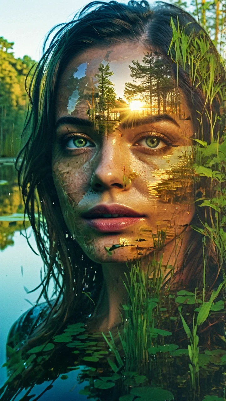 (Double exposure:1.3), effect of a women's face superimposed on a pond, evening light, ultra detailed, fully nature, dence forest, golden evening